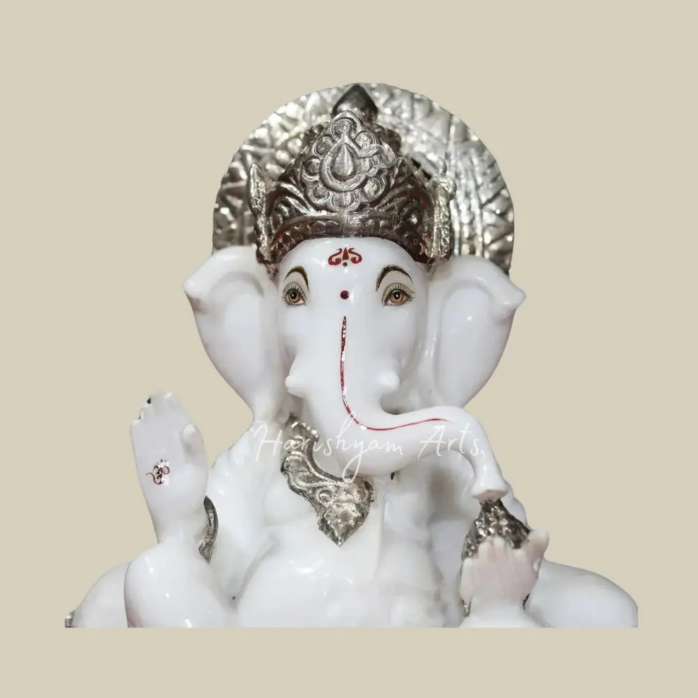 12" Super White Makrana Marble Murti of Lord Ganesh