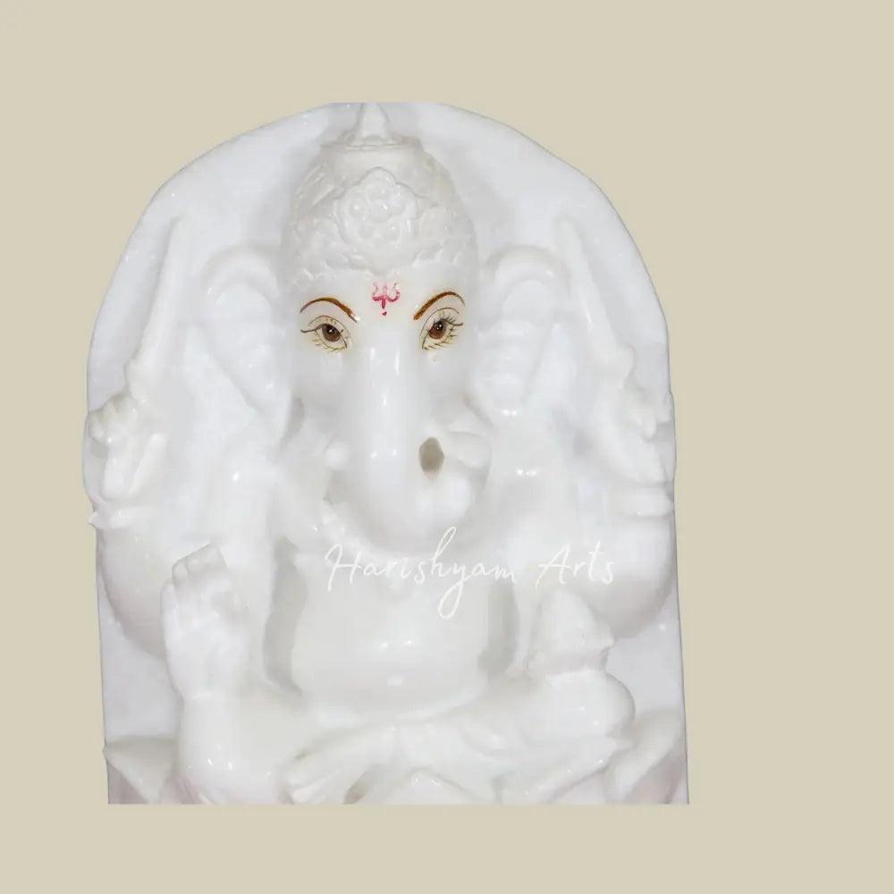 12" White Makrana Marble Panel of Lord Ganesha