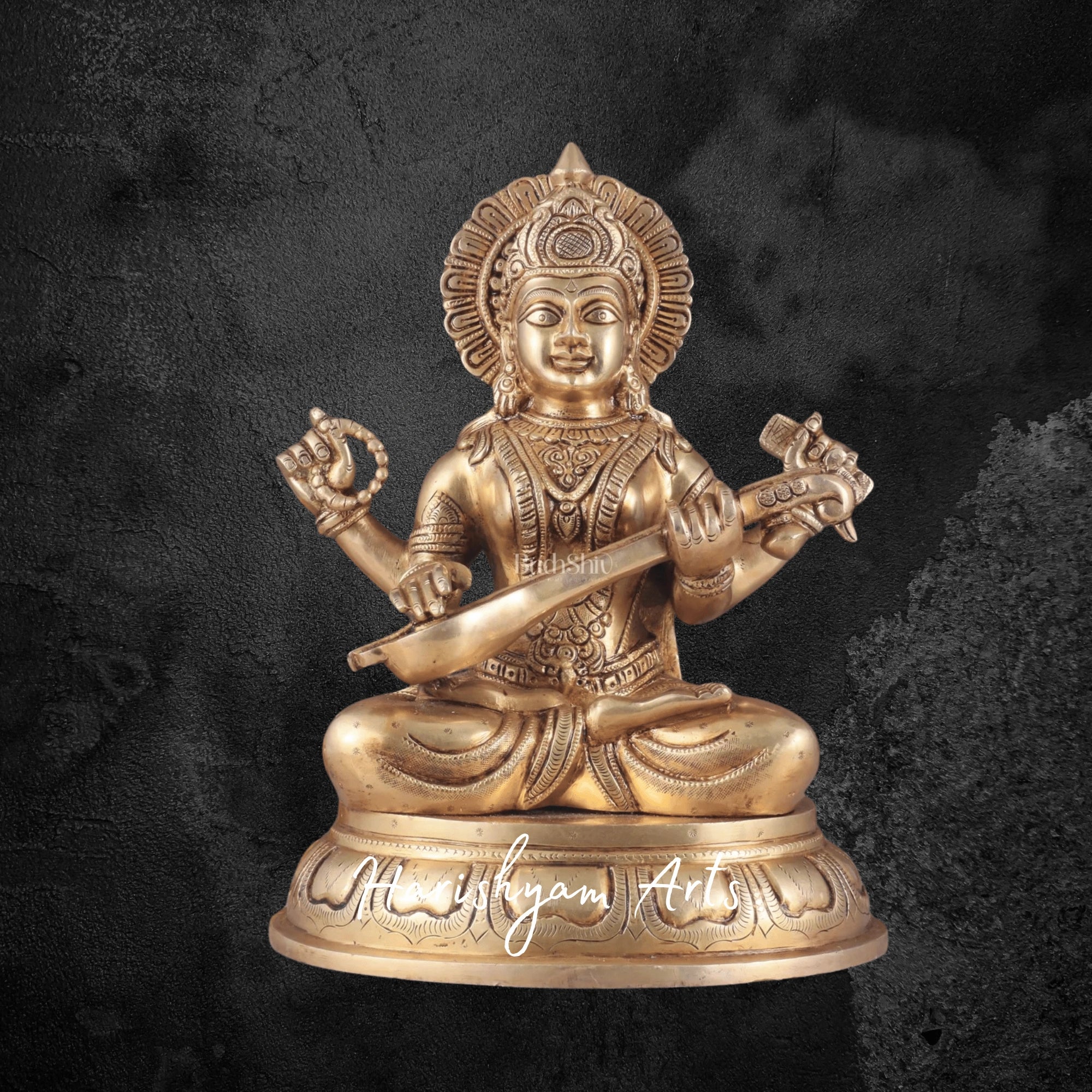 13.5" Pure Brass Handcrafted Maa Saraswati Idol Ideal for Home Mandir or Office Décor