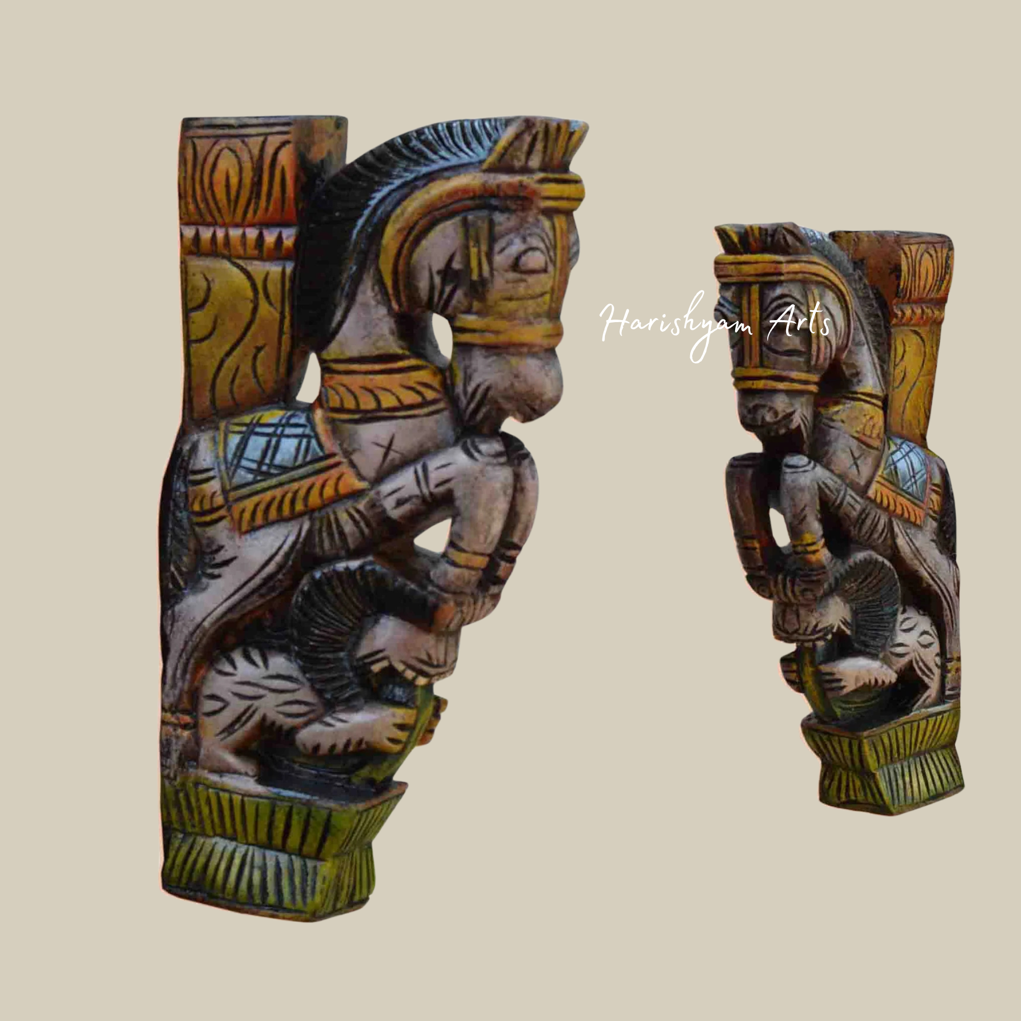 12" Vibrant Wooden Horse Wall Brackets with Uplifted Legs for Elegant Décor