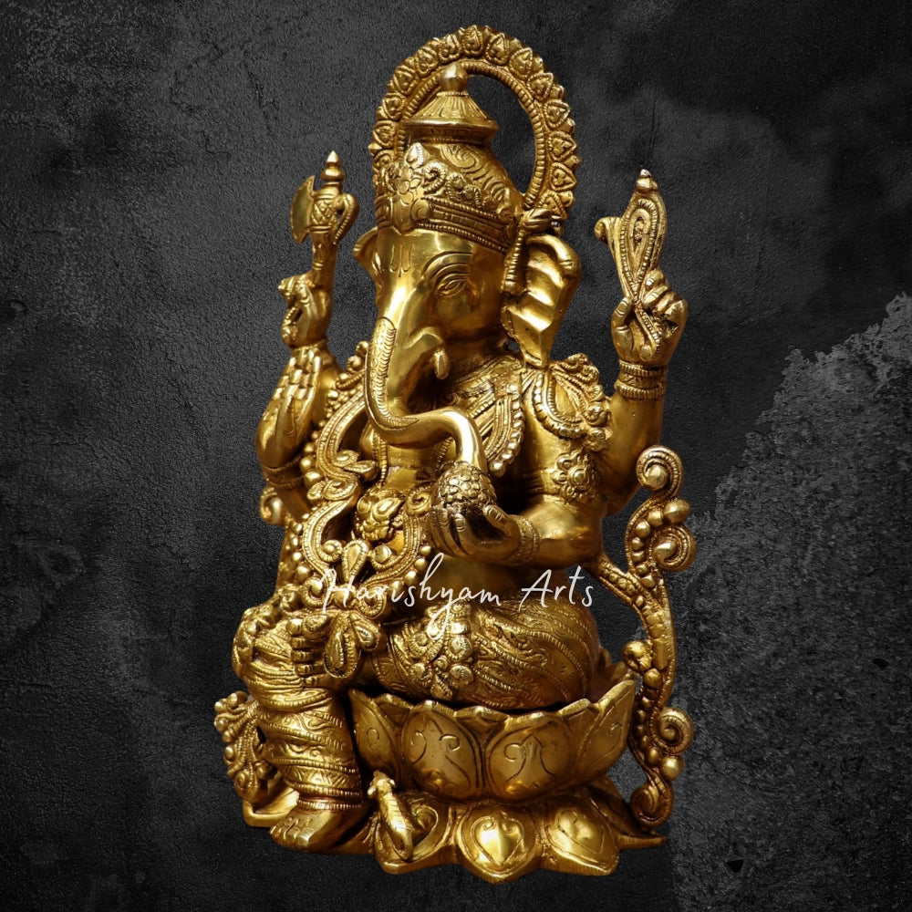 13" Brass Ganesh Statue Carved On Lotus Base