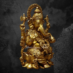 13" Brass Ganesh Statue Carved On Lotus Base
