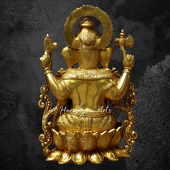 13" Brass Ganesh Statue Carved On Lotus Base