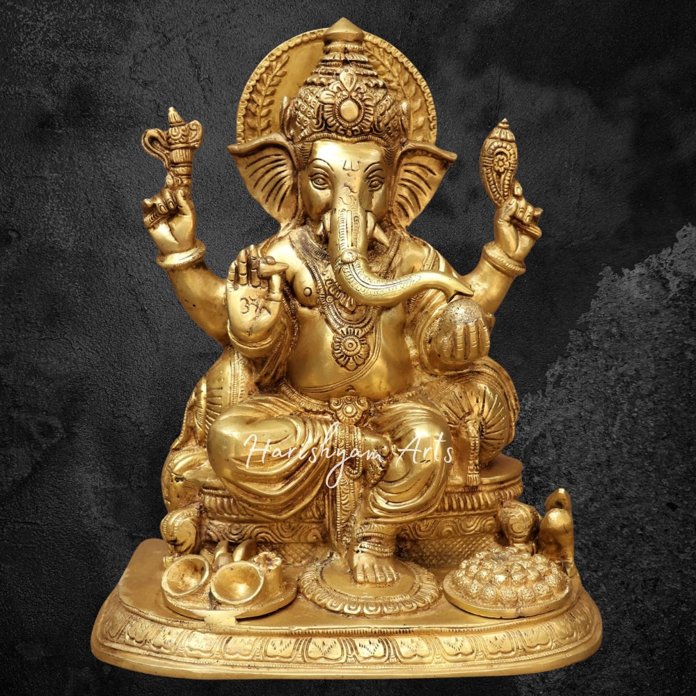 13" Brass Ganesha Statue with Golden Finished