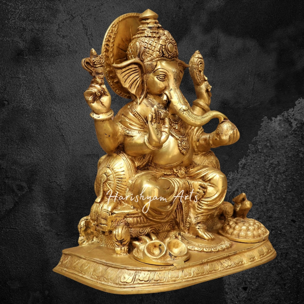 13" Brass Ganesha Statue with Golden Finished