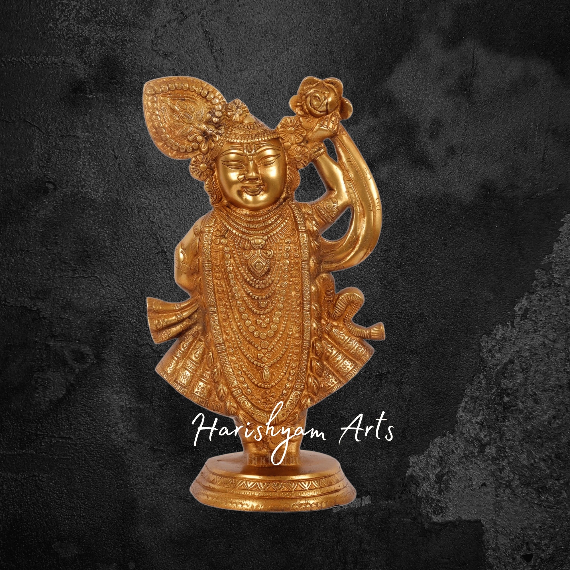 13" Brass Shreenath Ji Figurine from Nathdwara with Intricate Detailing