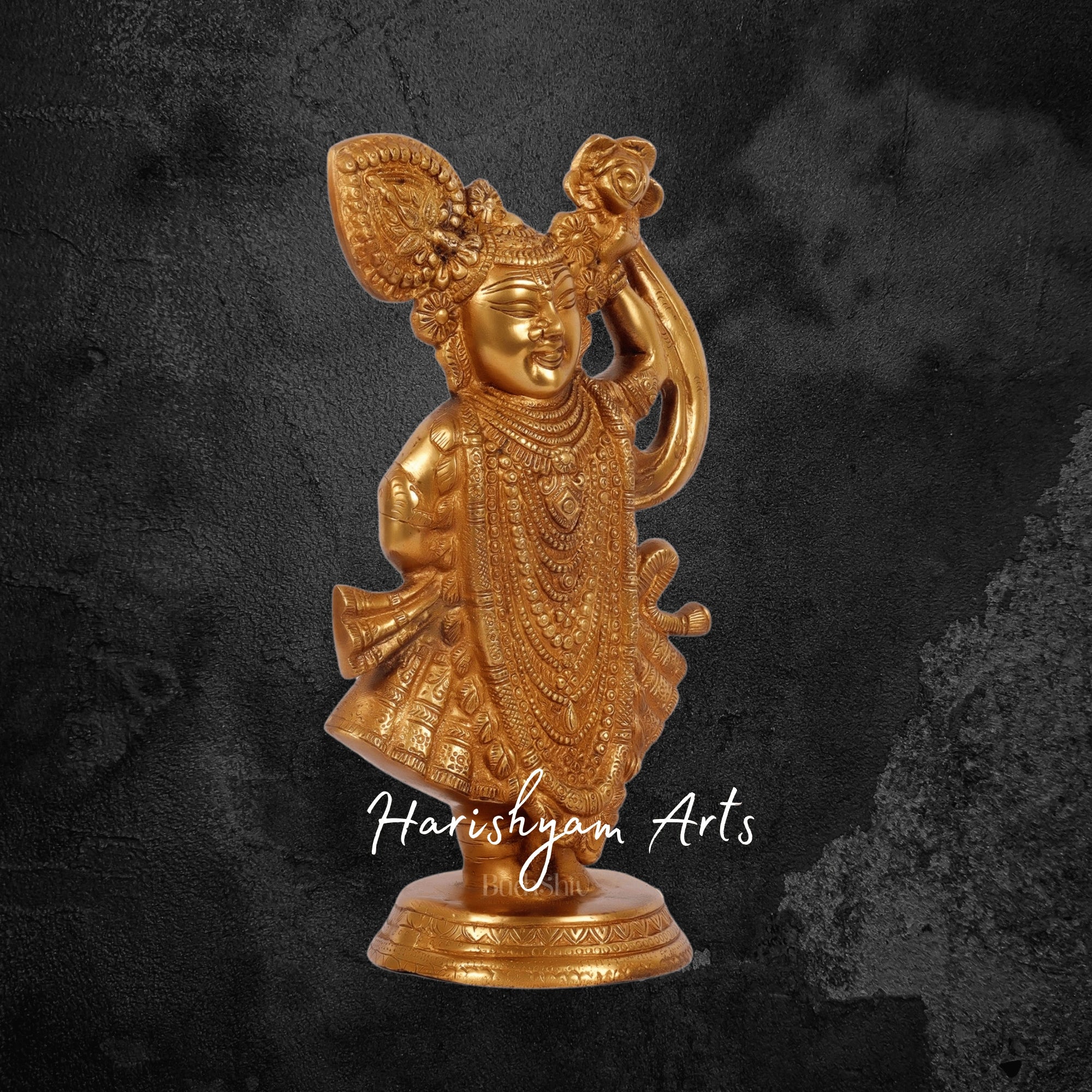 13" Brass Shreenath Ji Figurine from Nathdwara with Intricate Detailing