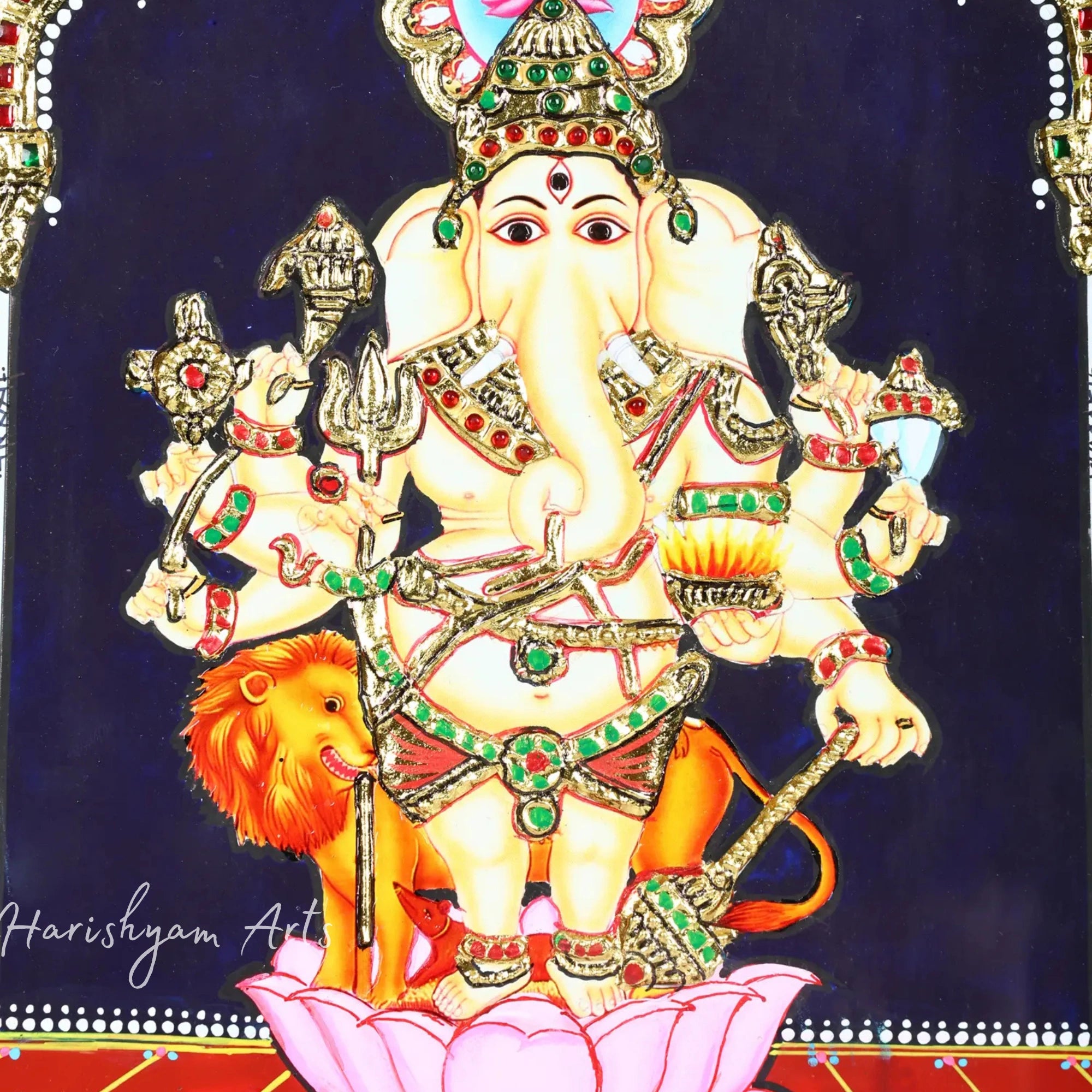 13" Drishti Ganesha Tanjore Painting with 24K Gold Work and Elegant Frame