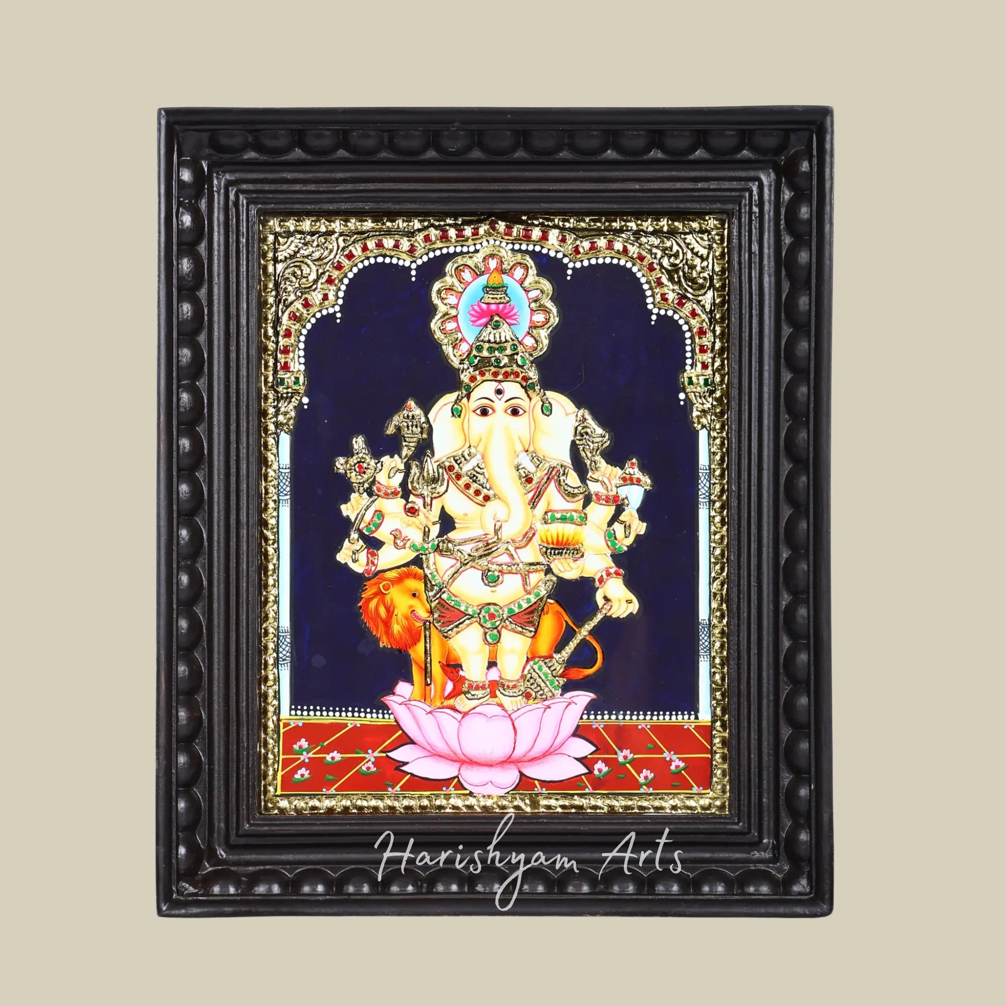 13" Drishti Ganesha Tanjore Painting with 24K Gold Work and Elegant Frame1