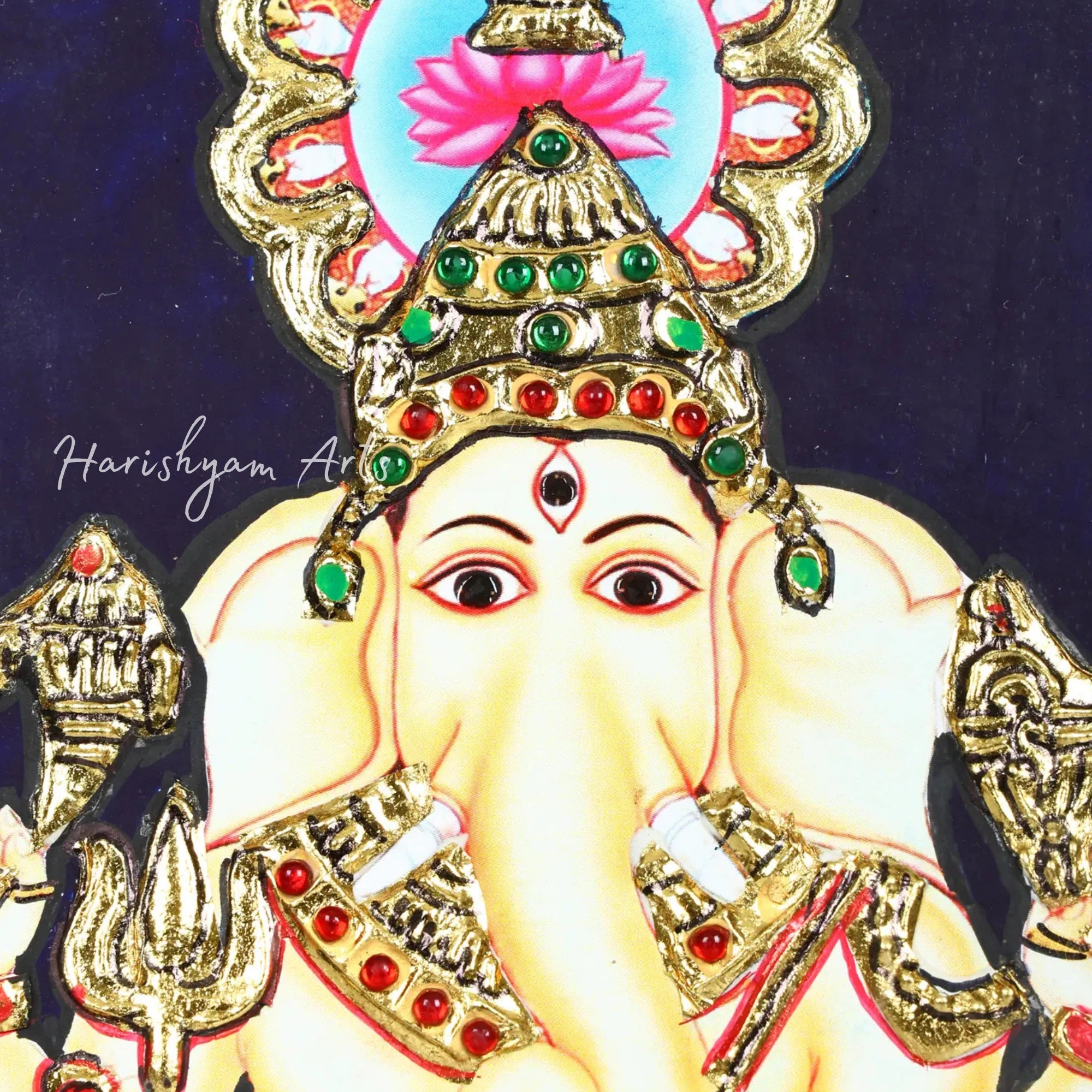 13" Drishti Ganesha Tanjore Painting with 24K Gold Work and Elegant Frame2