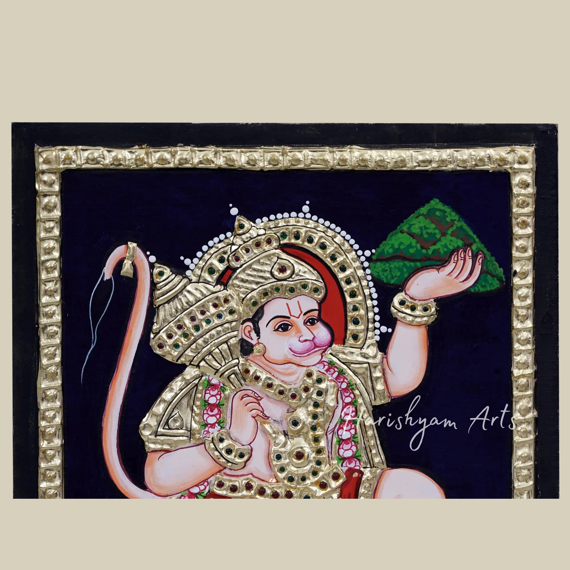 13" Lord Hanuman Carrying the Sacred Sanjeevani Herb Tanjore Painting1