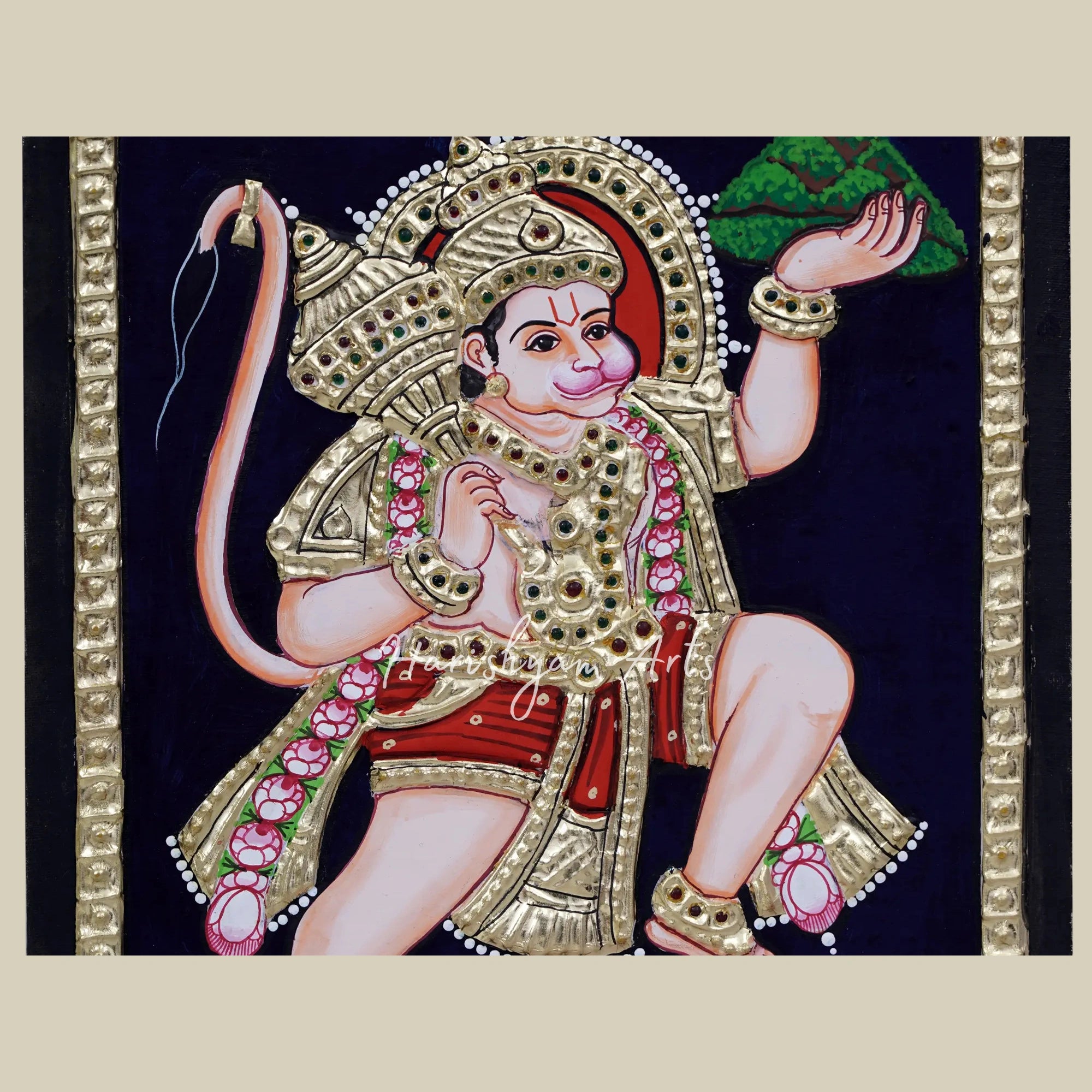 13" Lord Hanuman Carrying the Sacred Sanjeevani Herb Tanjore Painting3