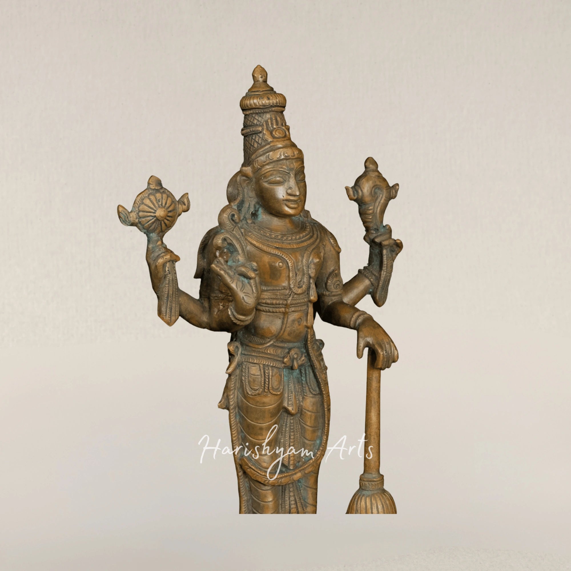 13" Lord Vishnu Holding Gada Handcrafted Bronze Protector Form Sculpture