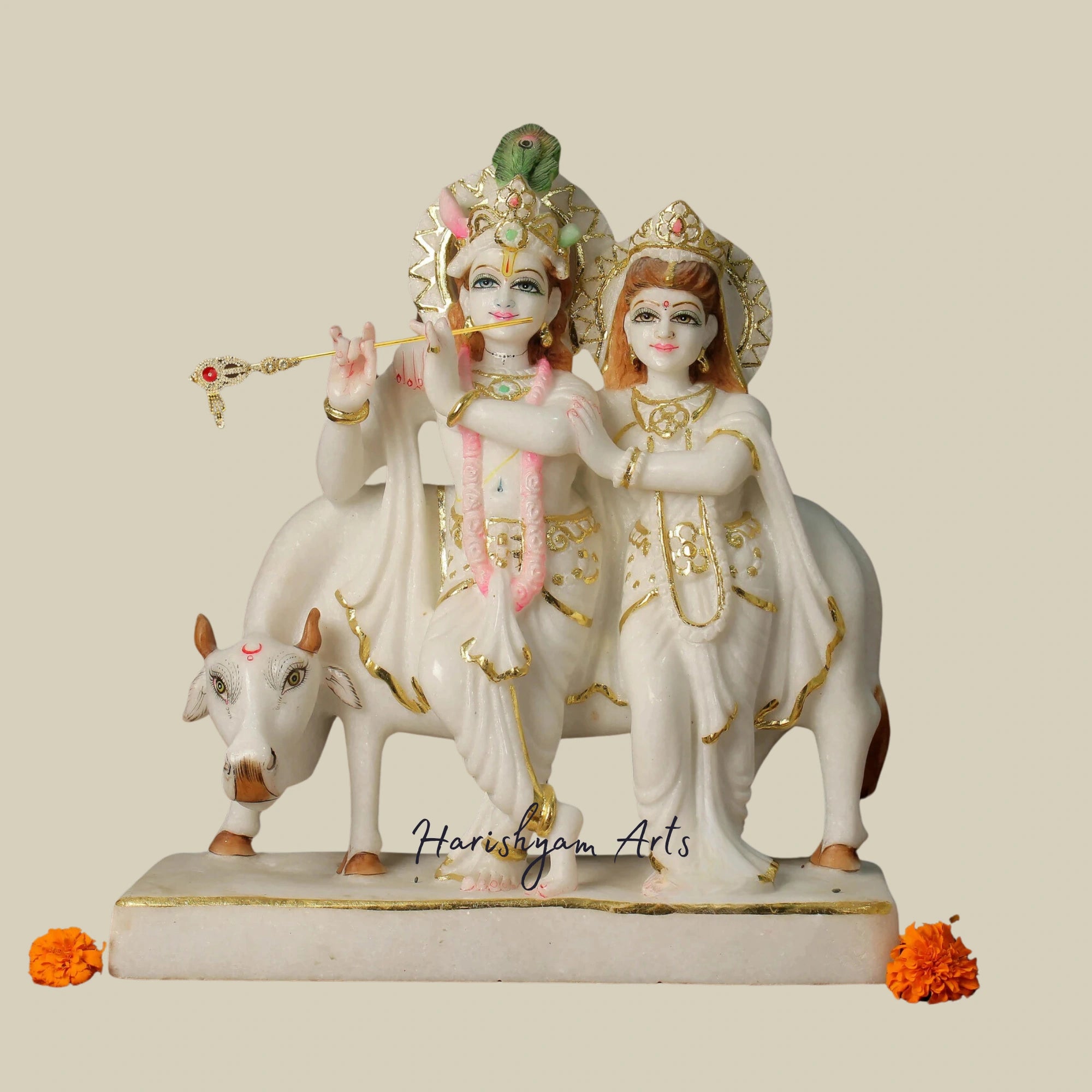 13" Pure White Vietnam Marble Radha Krishna Statue for Temple Decoration