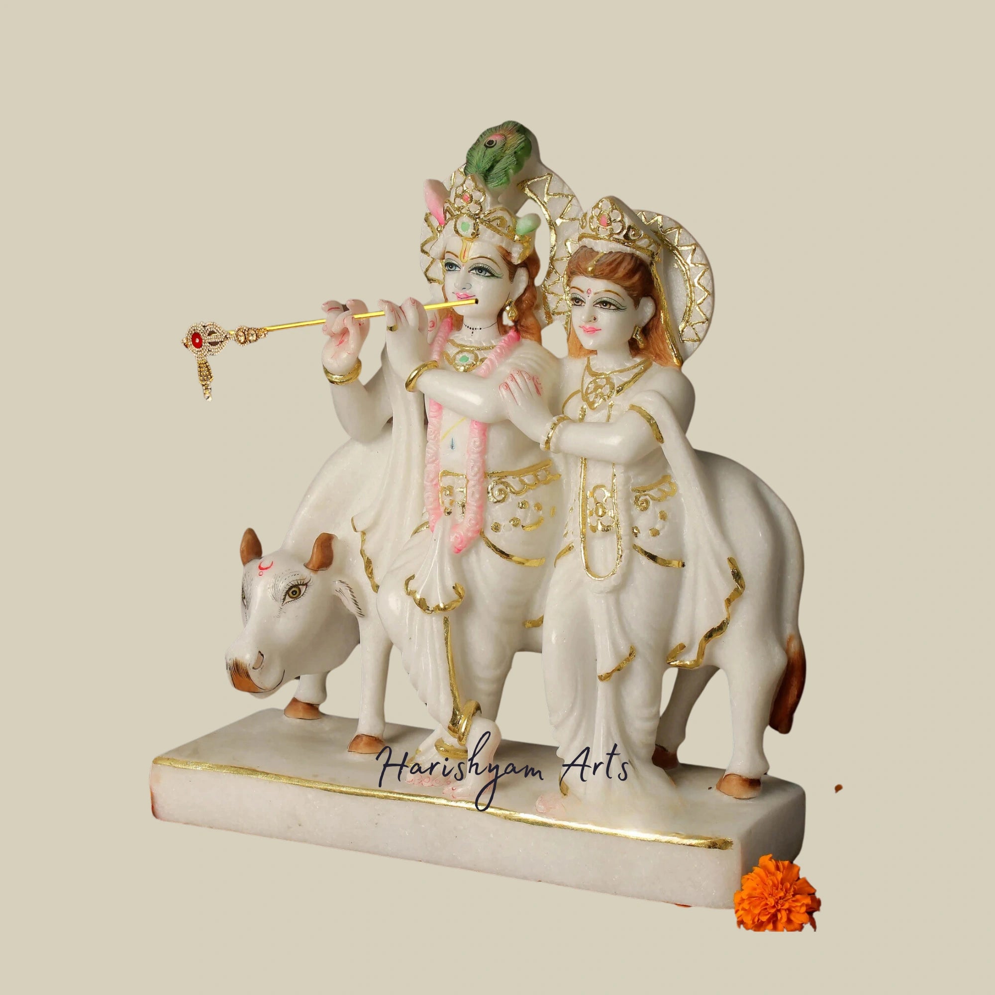 13" Pure White Vietnam Marble Radha Krishna Statue for Temple Decoration