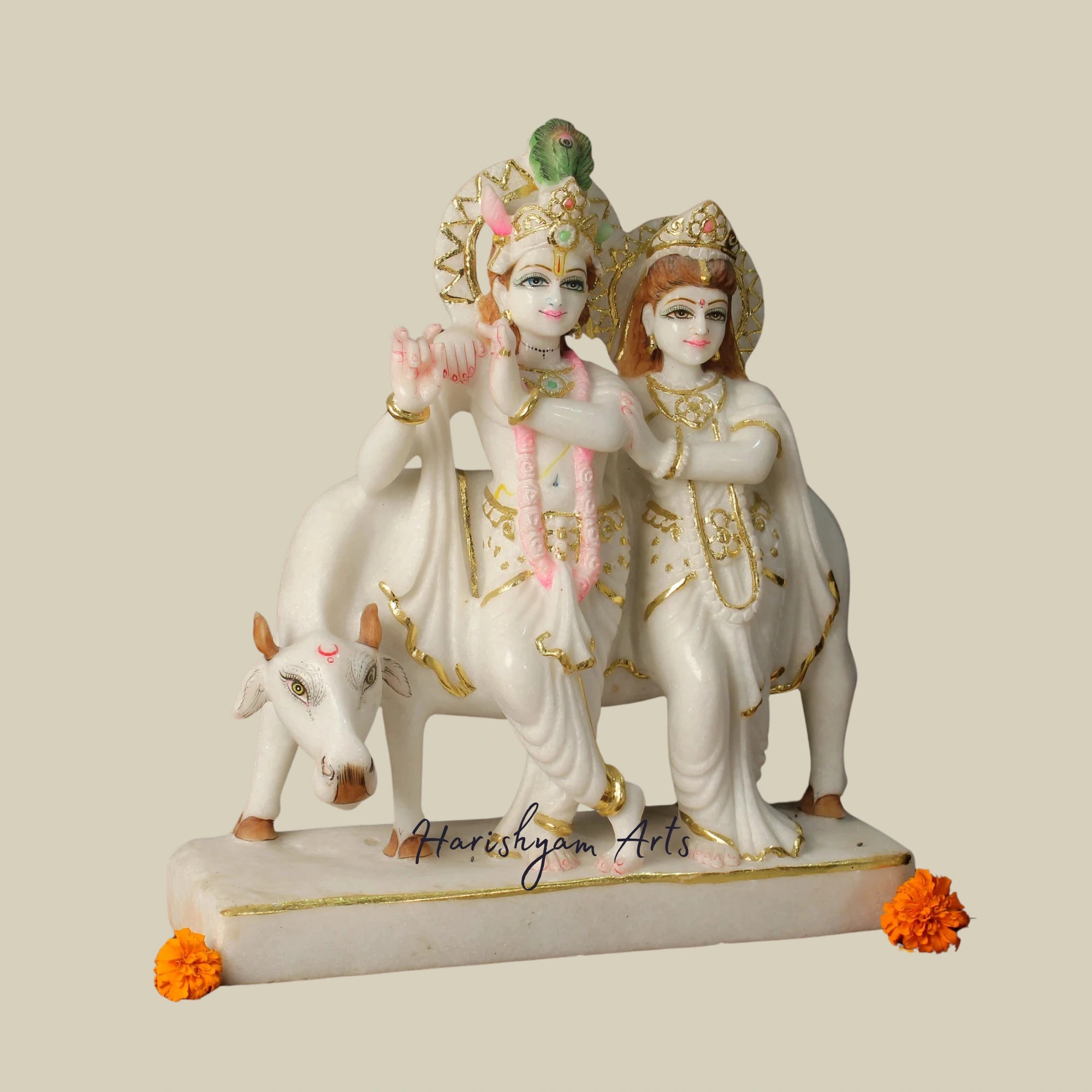 13" Pure White Vietnam Marble Radha Krishna Statue for Temple Decoration