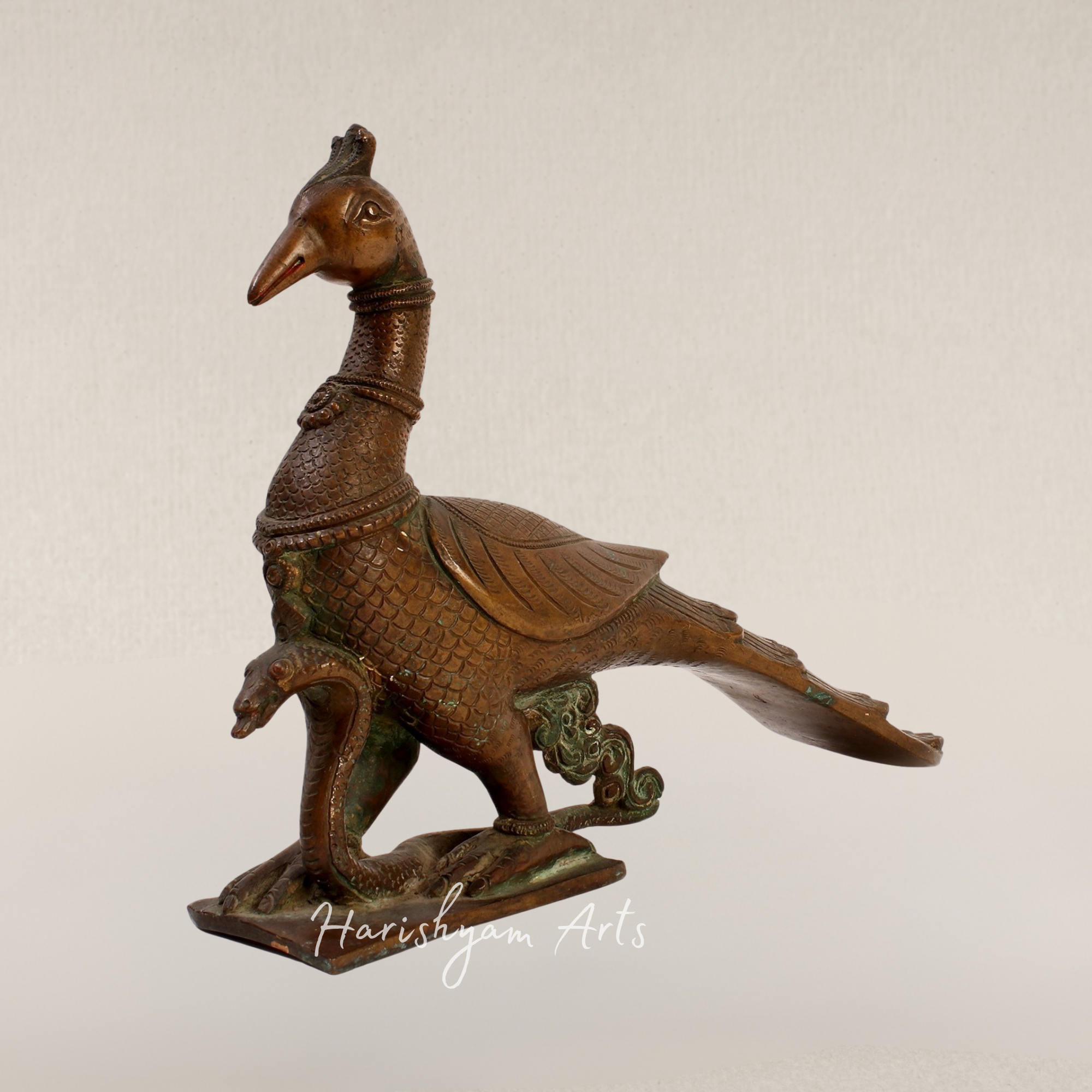 13" Regal Peacock Embracing Serpent Brass Sculpture