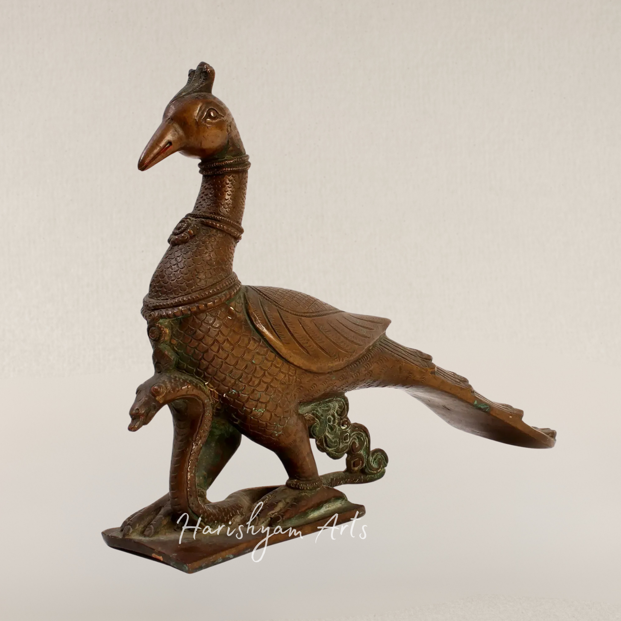 13" Regal Peacock Embracing Serpent Brass Sculpture