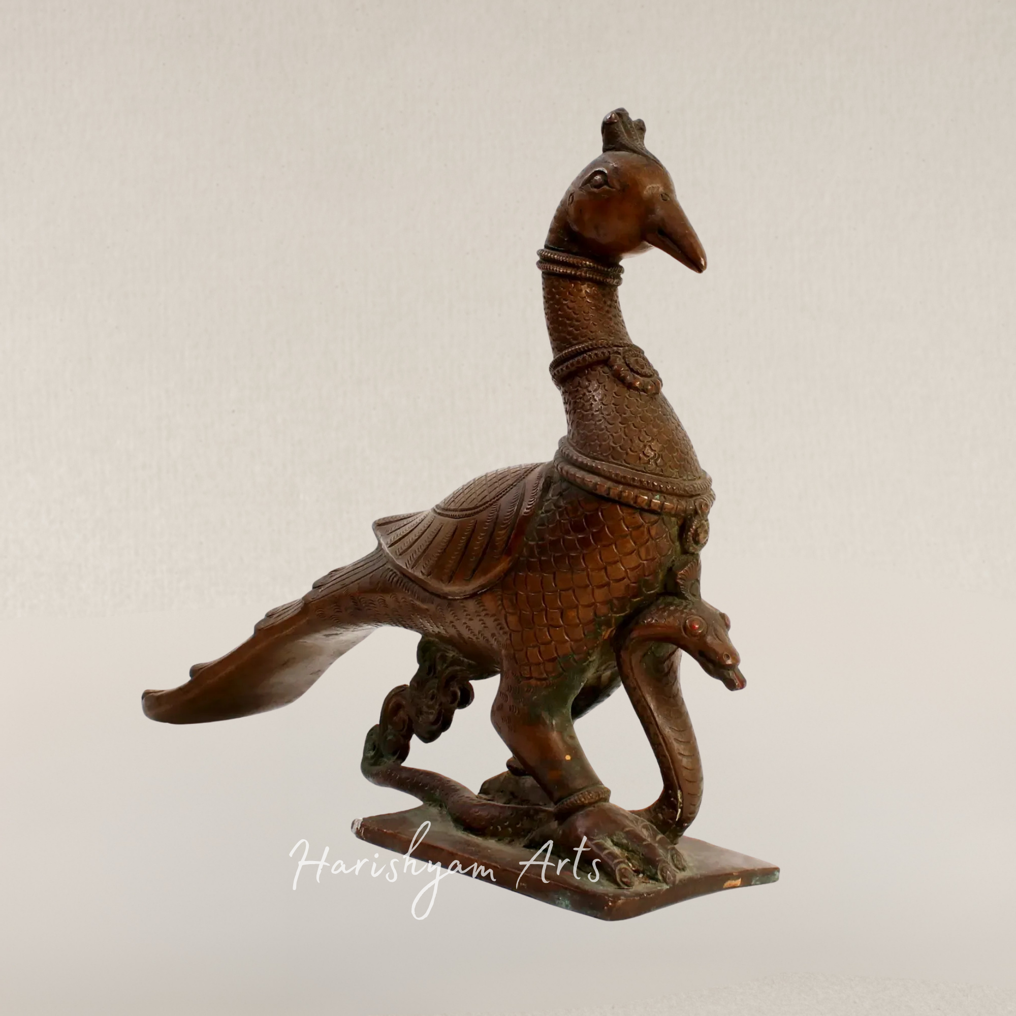 13" Regal Peacock Embracing Serpent Brass Sculpture