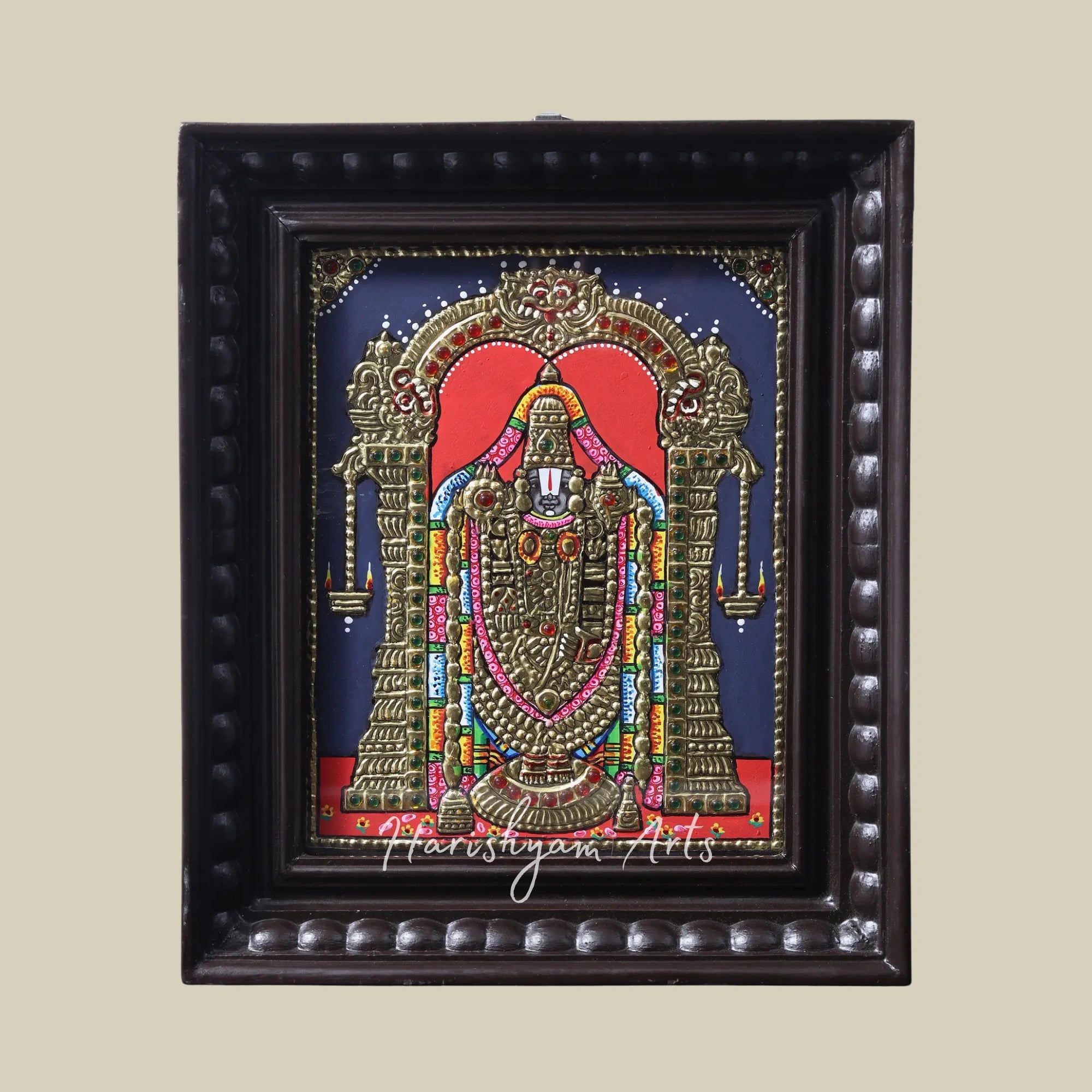 13" Tirupati Balaji Venkateshvara Tanjore Painting in an Elegant Teakwood Frame