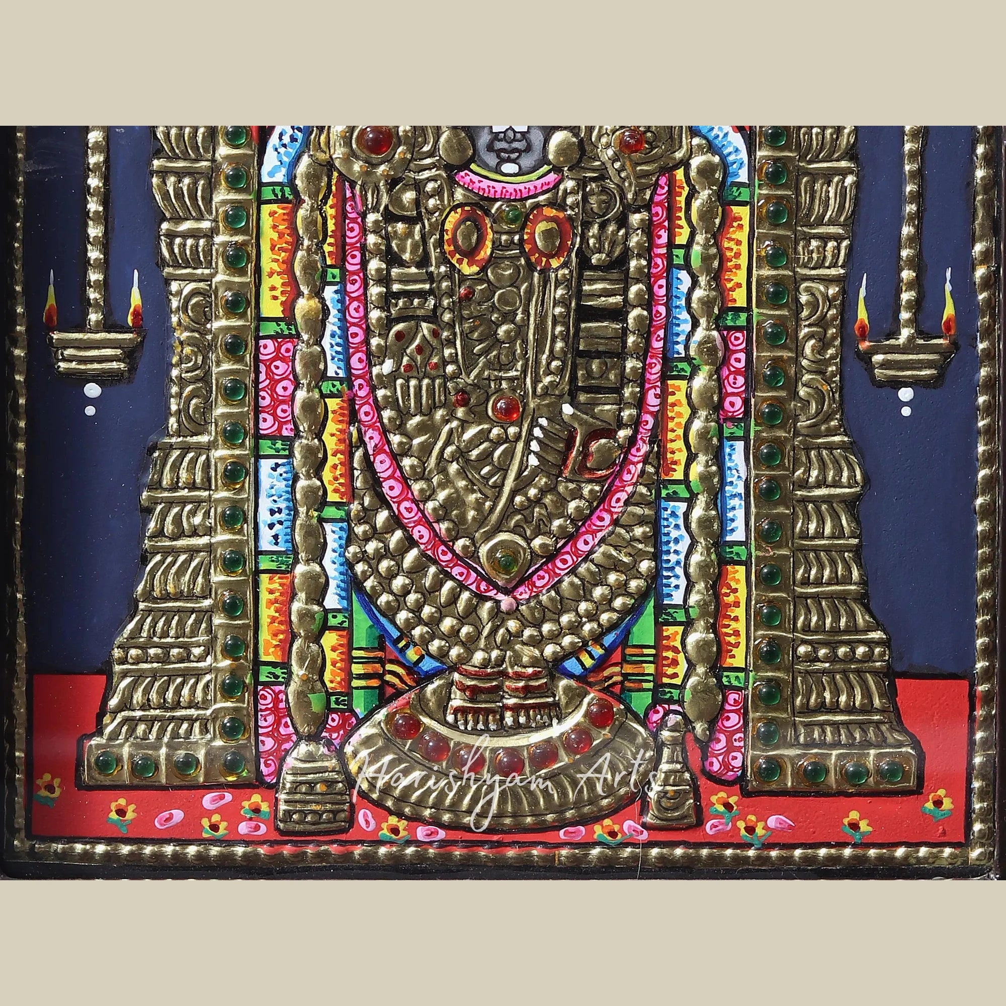 13" Tirupati Balaji Venkateshvara Tanjore Painting in an Elegant Teakwood Frame