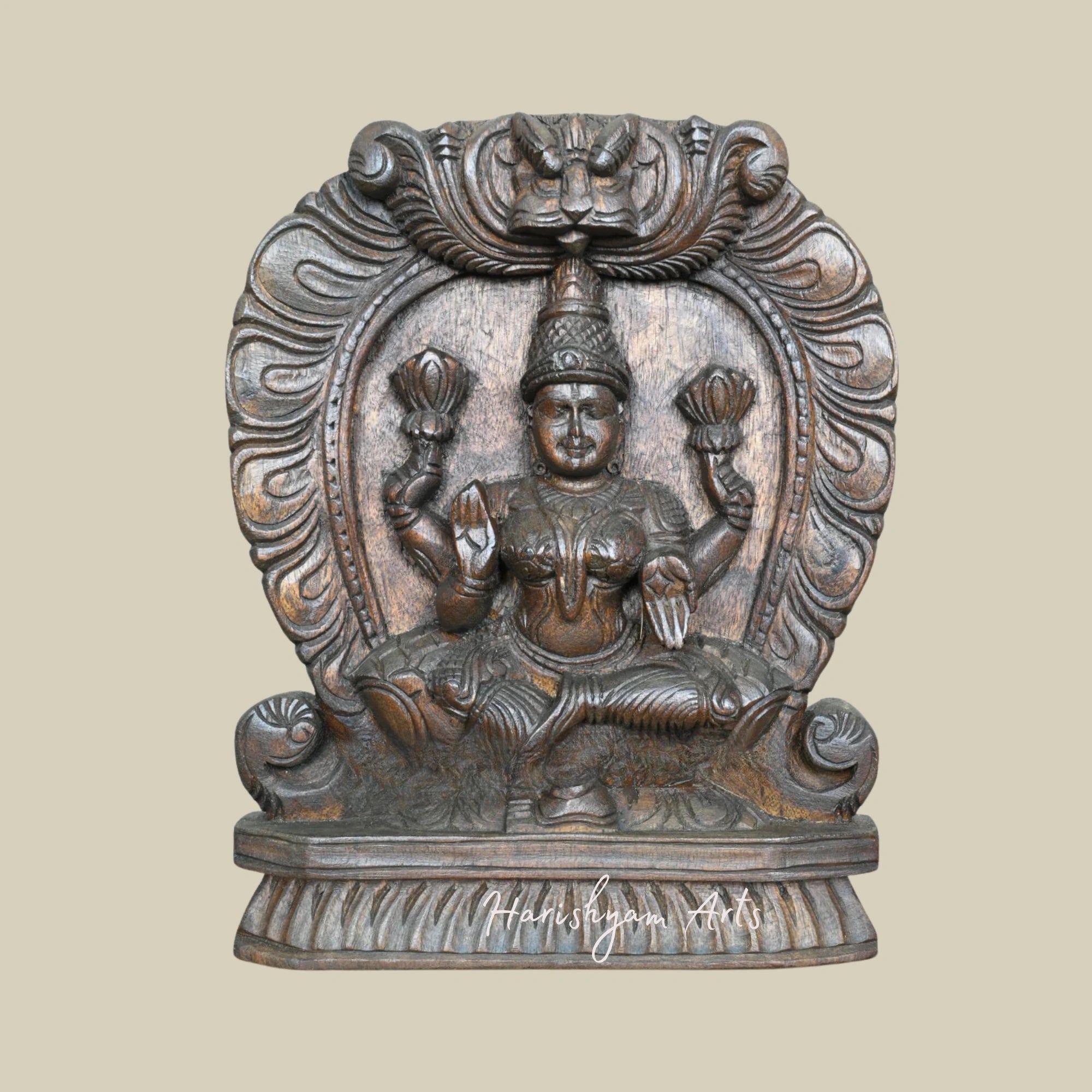 13" Wooden Maa Lakshmi Seated on Lotus Arch Traditional Design Murti