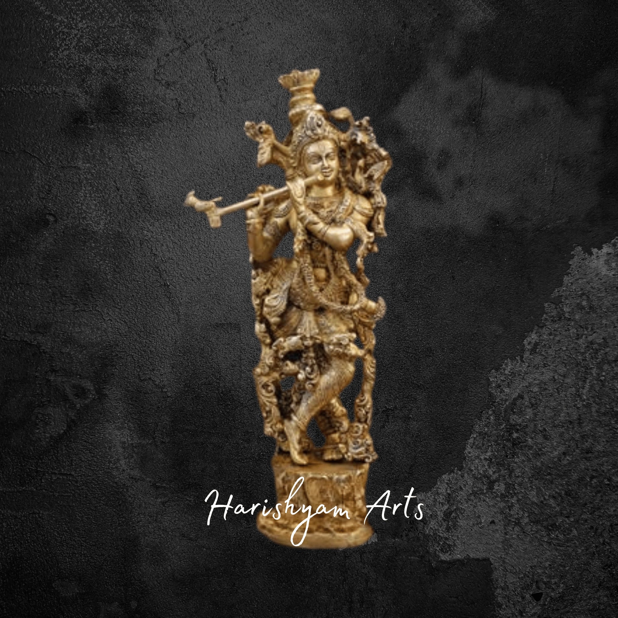 14" Brass Radha Krishna Statue on Lotus Base for Pooja Room
