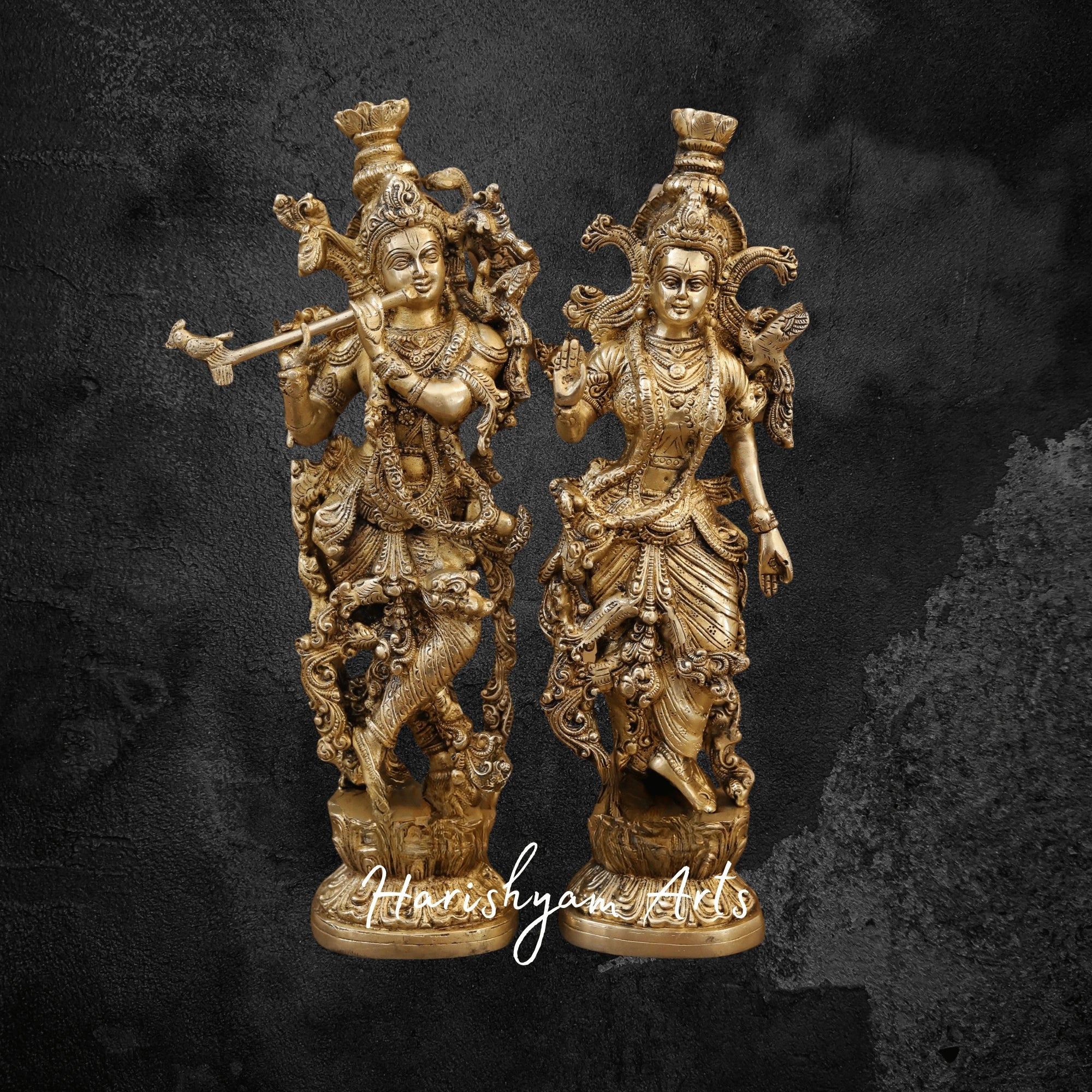 14" Brass Radha Krishna Statue on Lotus Base for Pooja Room