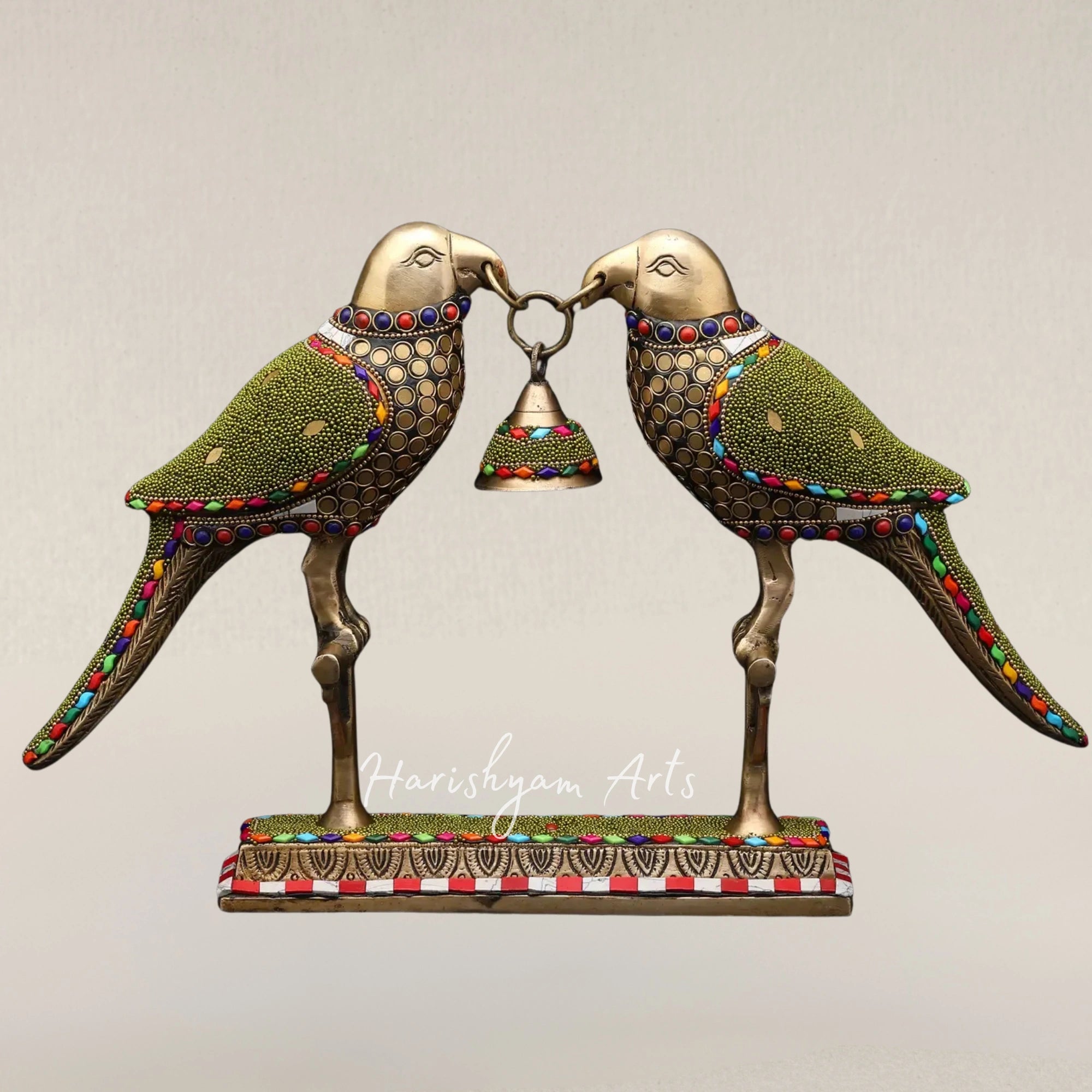 14" Decorative Brass Parrot Duo with Hanging Bell and Intricate Inlay