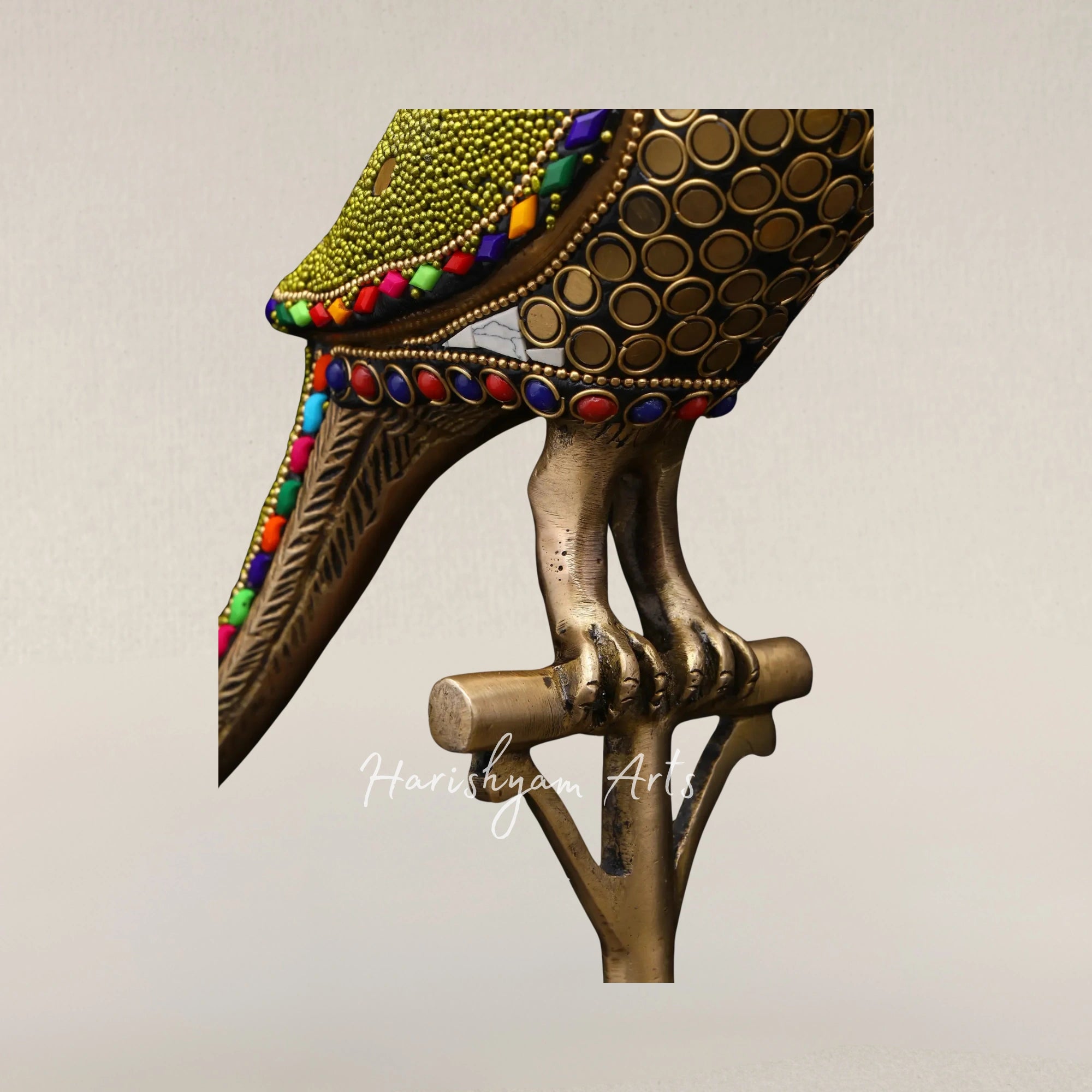 14" Decorative Brass Parrot Duo with Hanging Bell and Intricate Inlay