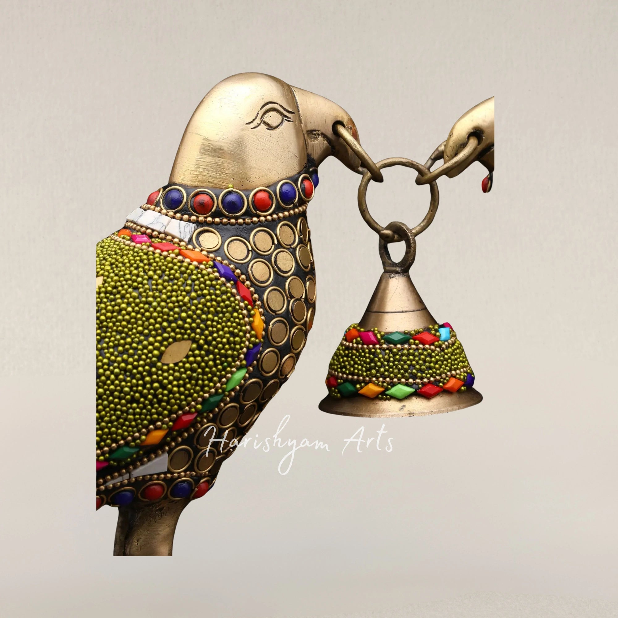 14" Decorative Brass Parrot Duo with Hanging Bell and Intricate Inlay