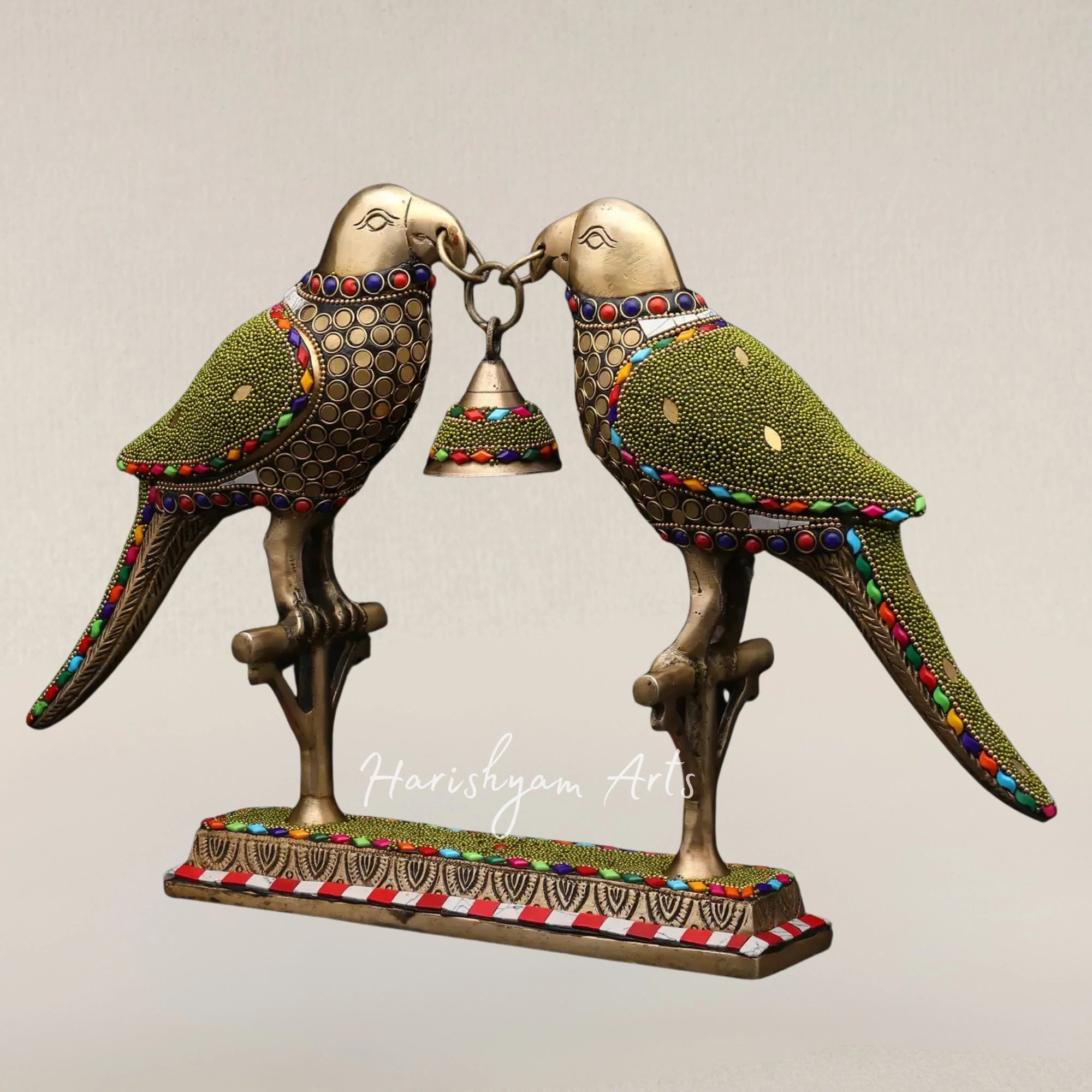 14" Decorative Brass Parrot Duo with Hanging Bell and Intricate Inlay