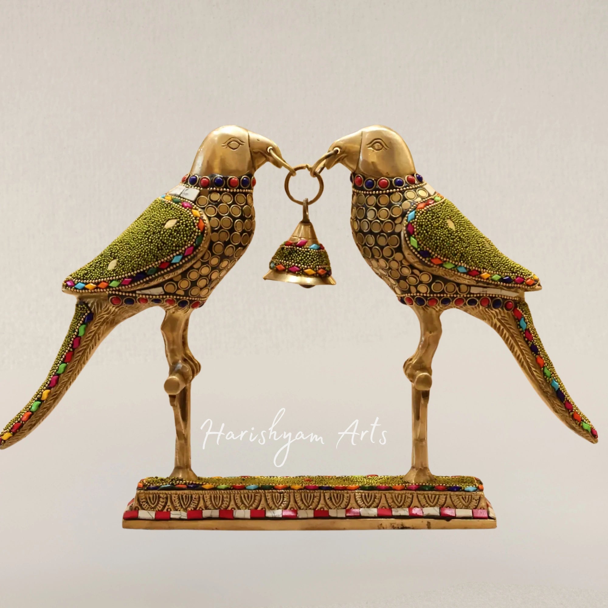 14" Decorative Brass Parrot Duo with Hanging Bell and Intricate Inlay