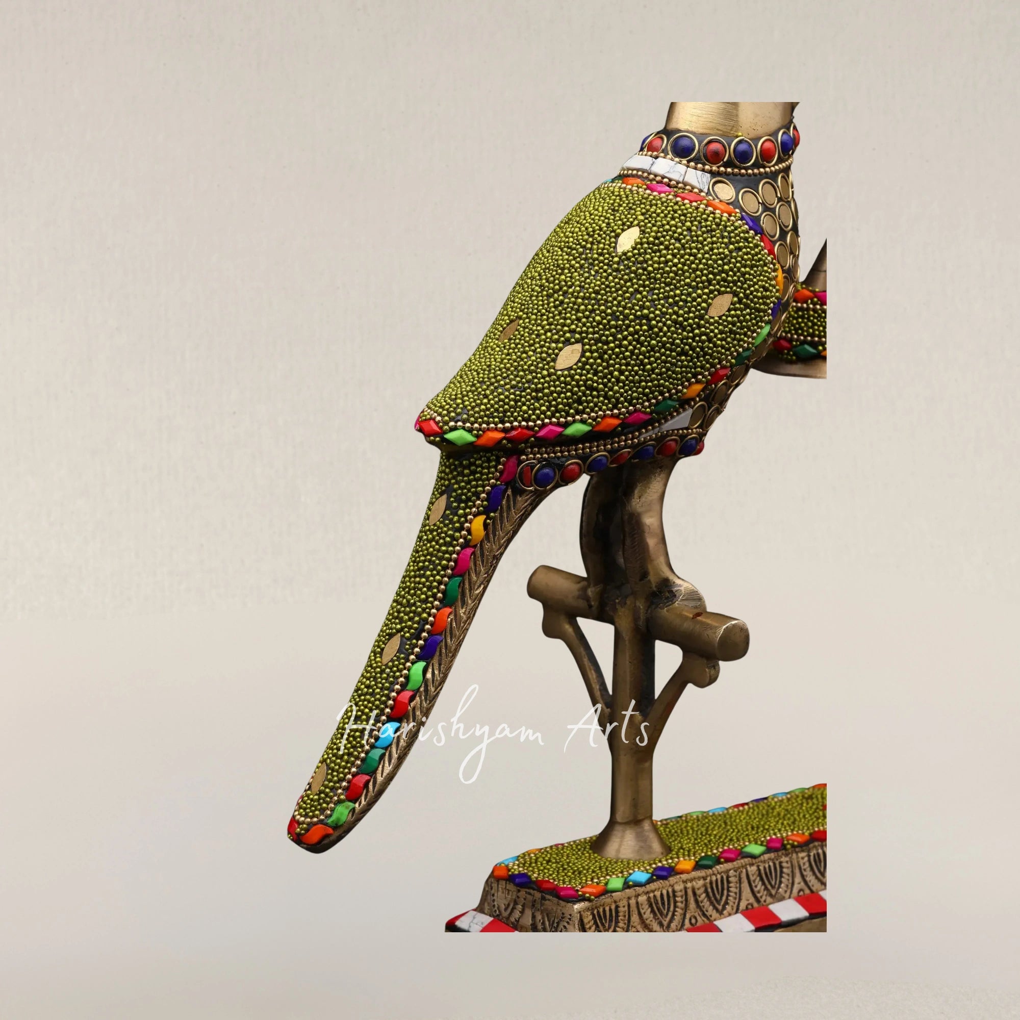 14" Decorative Brass Parrot Duo with Hanging Bell and Intricate Inlay