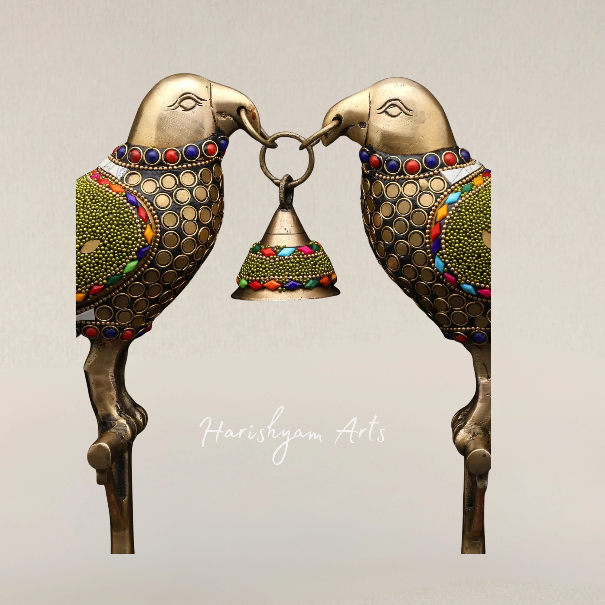 14" Decorative Brass Parrot Duo with Hanging Bell and Intricate Inlay