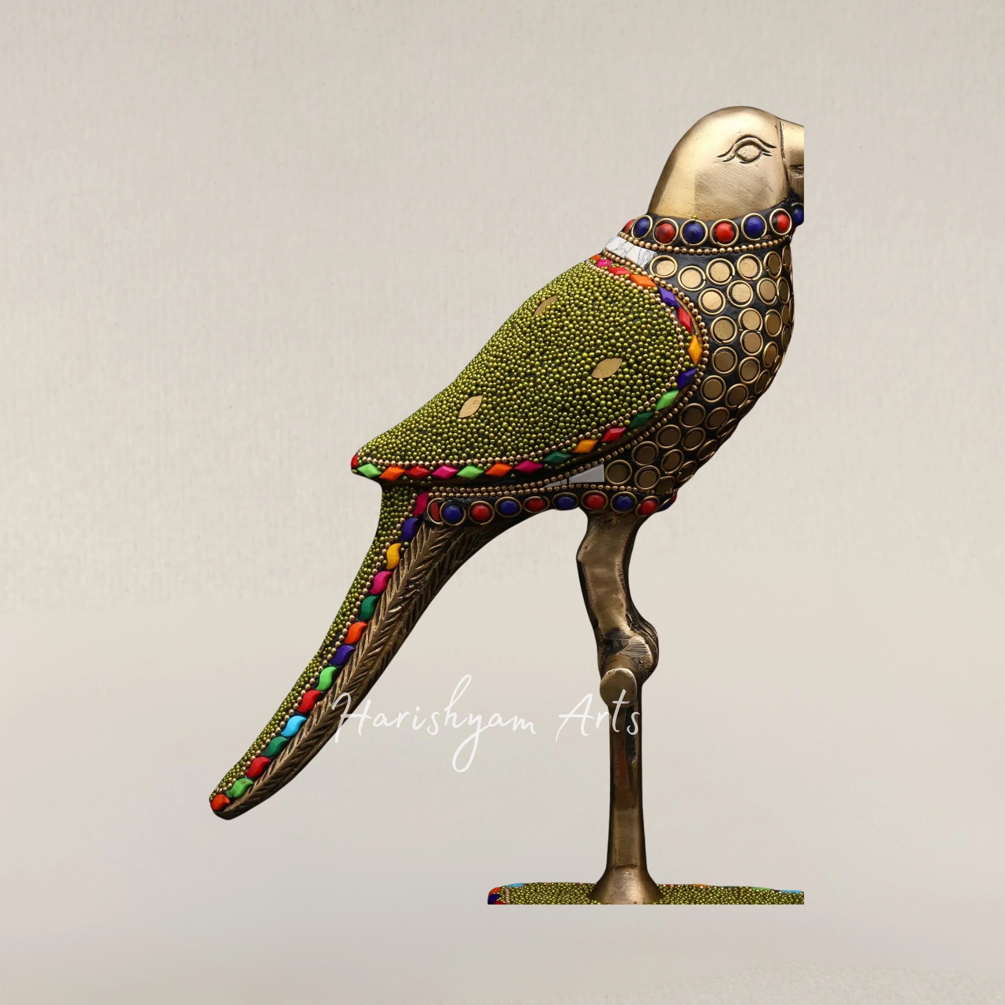 14" Decorative Brass Parrot Duo with Hanging Bell and Intricate Inlay