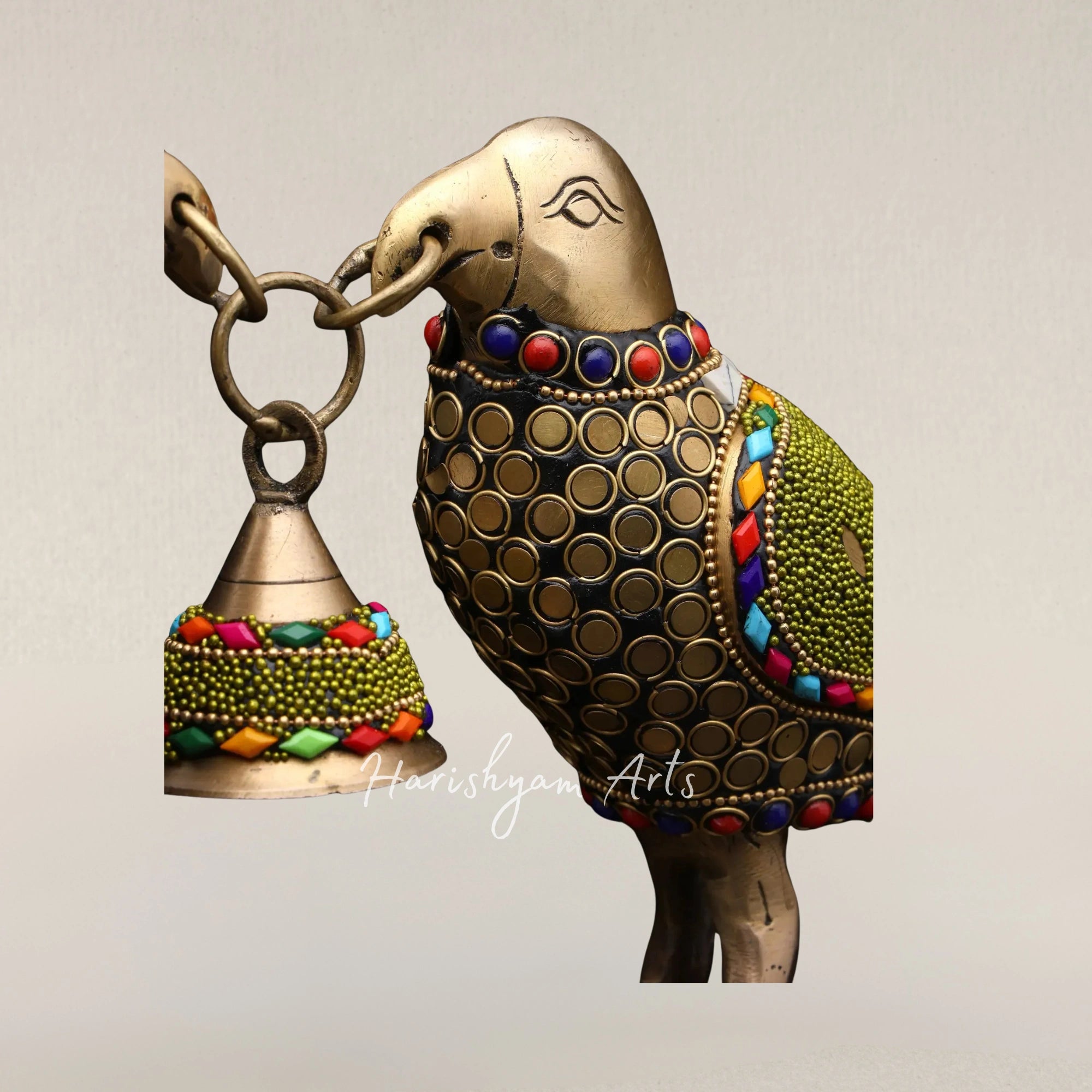 14" Decorative Brass Parrot Duo with Hanging Bell and Intricate Inlay