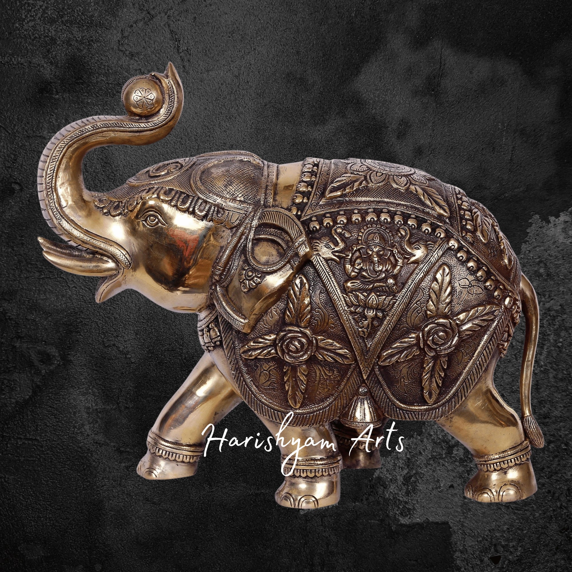 14" Divine Gold Plated Brass Elephant Featuring Lakshmi and Ganesha Engraving