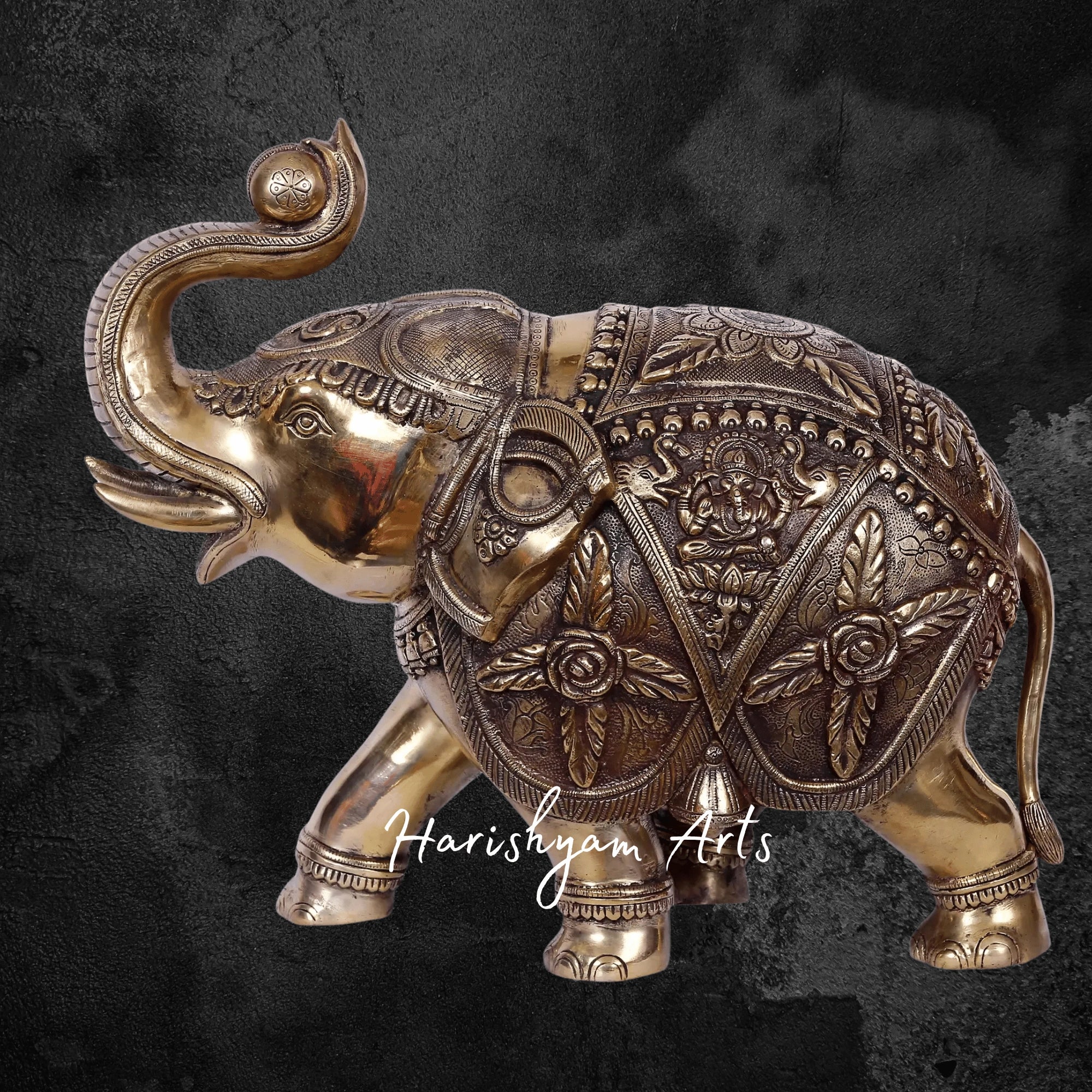 14" Divine Gold Plated Brass Elephant Featuring Lakshmi and Ganesha Engraving