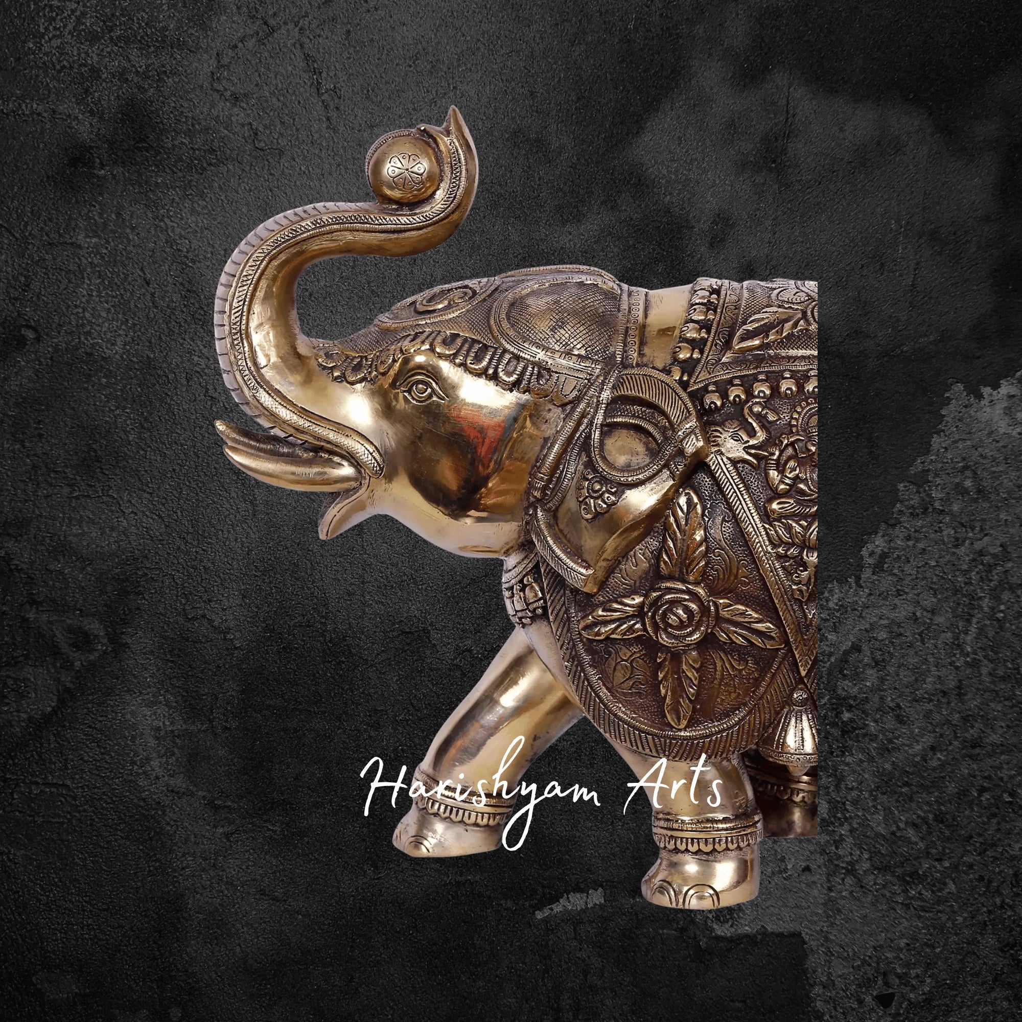 14" Divine Gold Plated Brass Elephant Featuring Lakshmi and Ganesha Engraving