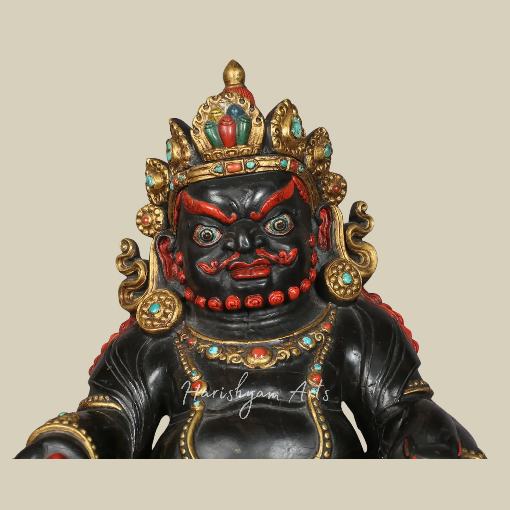14" Divine Kubera Idol in Shaligram Stone with Wooden Base Support