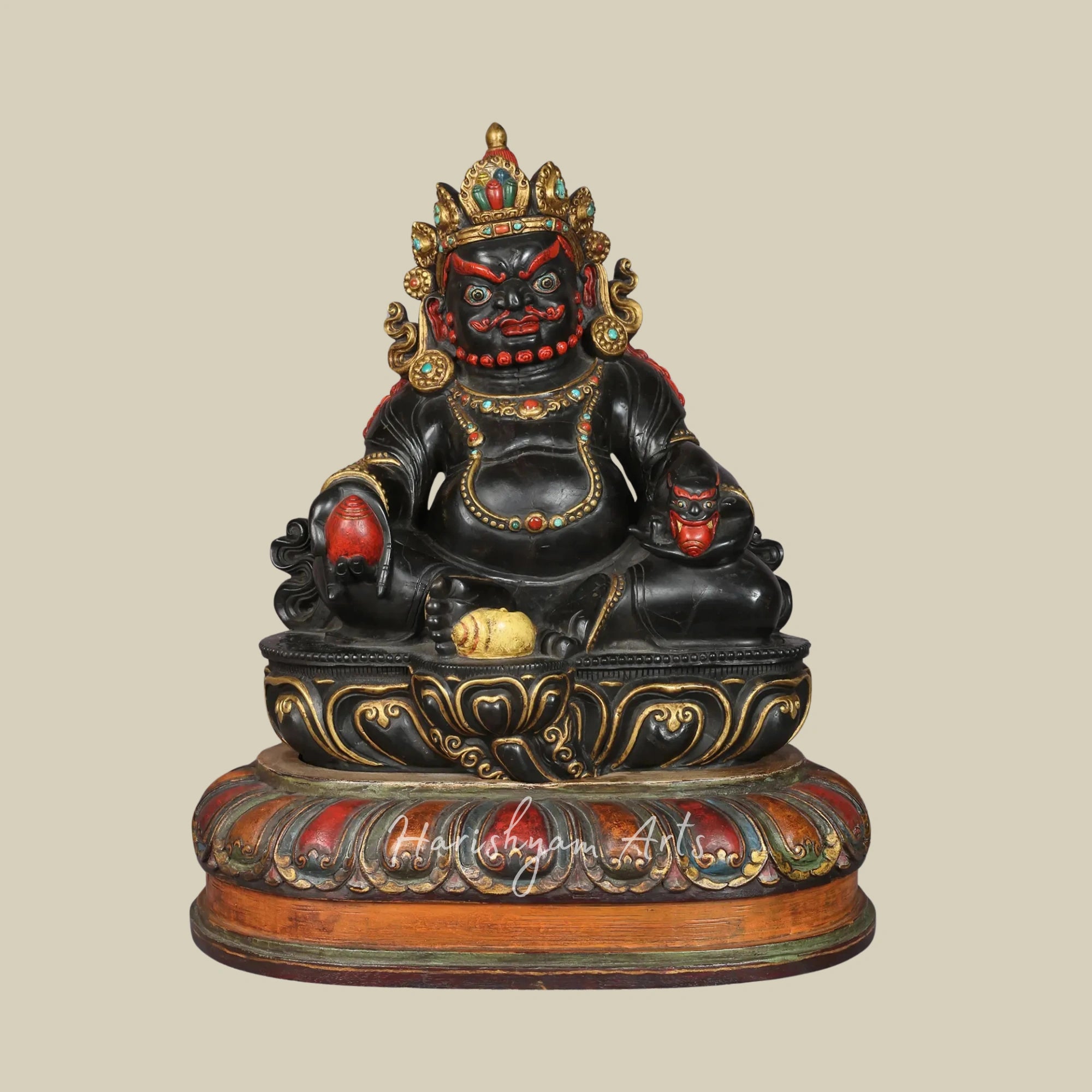 14" Divine Kubera Idol in Shaligram Stone with Wooden Base Support