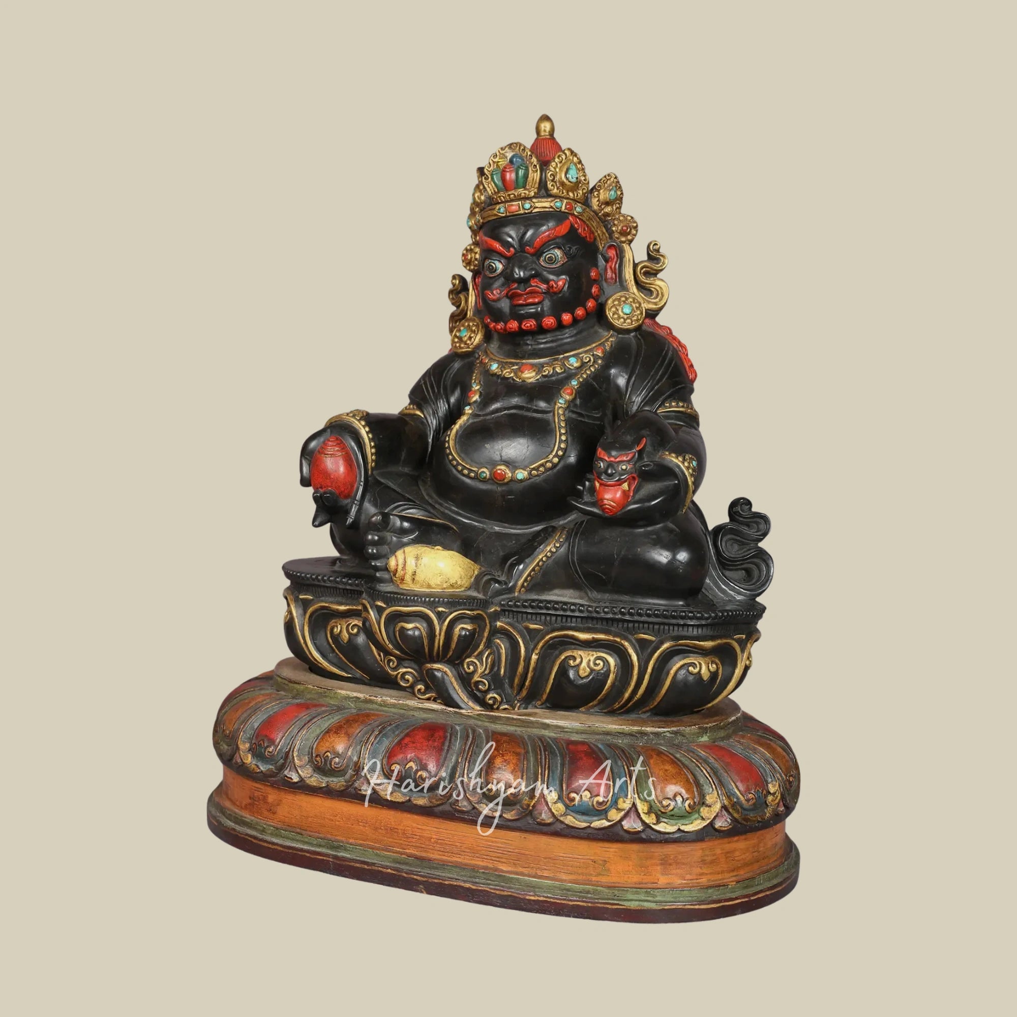 14" Divine Kubera Idol in Shaligram Stone with Wooden Base Support
