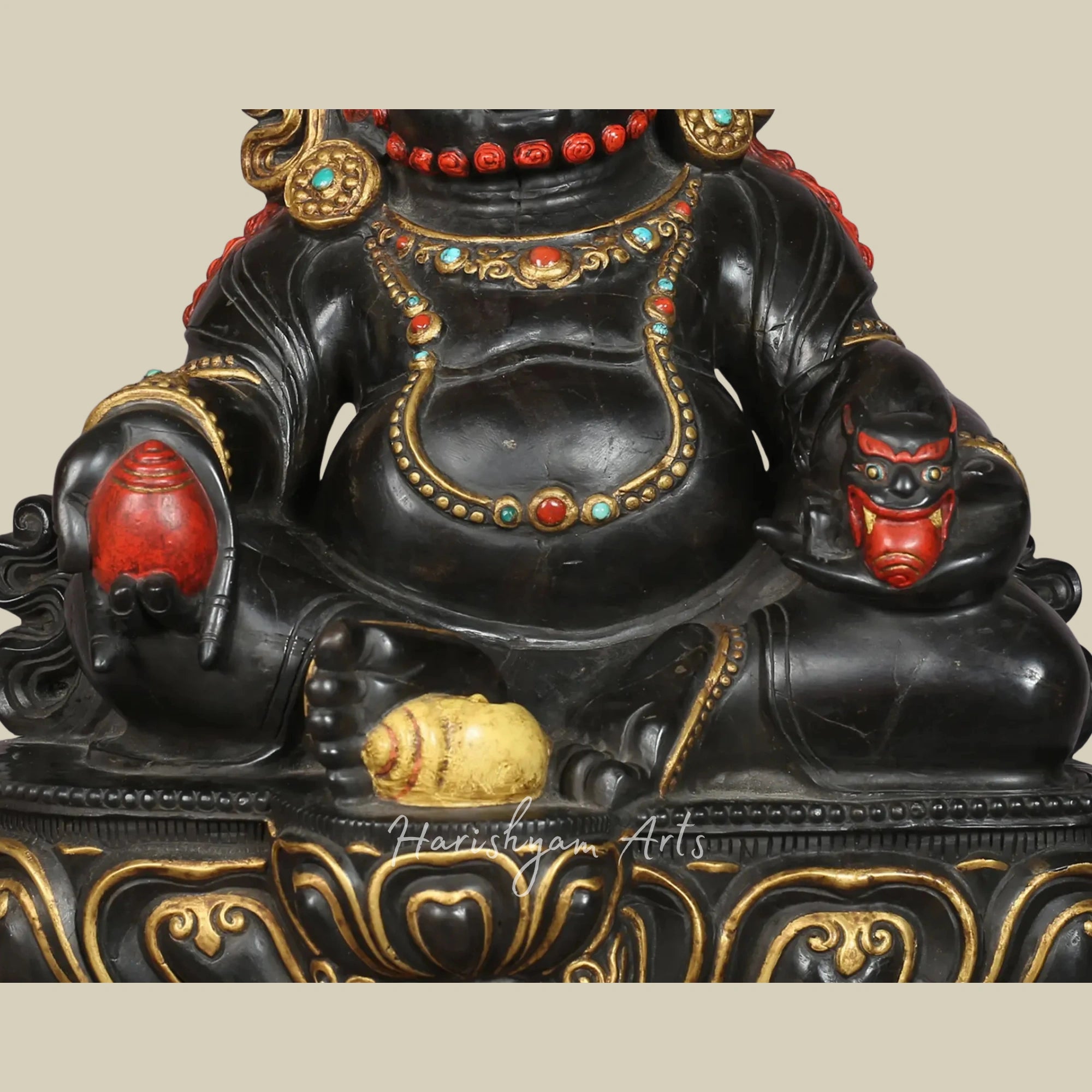 14" Divine Kubera Idol in Shaligram Stone with Wooden Base Support