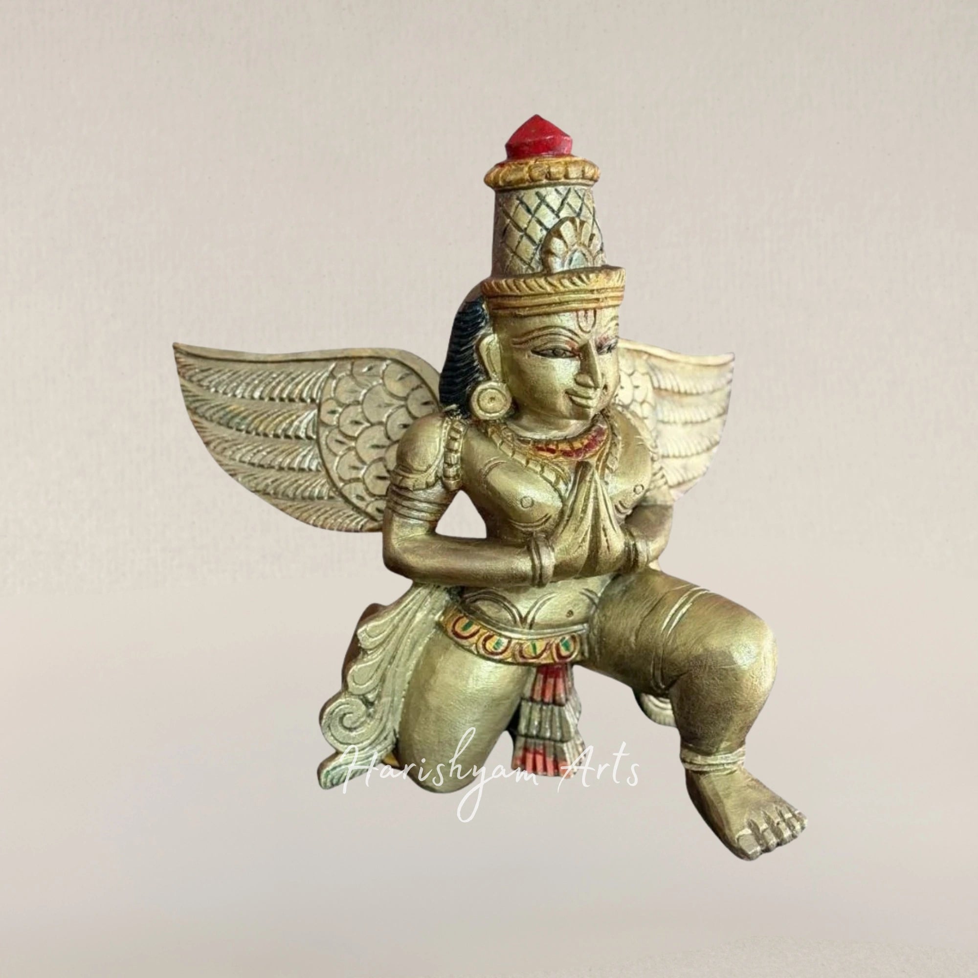 14" Garuda Wooden Statue with Antique Gold Inspired Finish Classic Sacred Sculpture