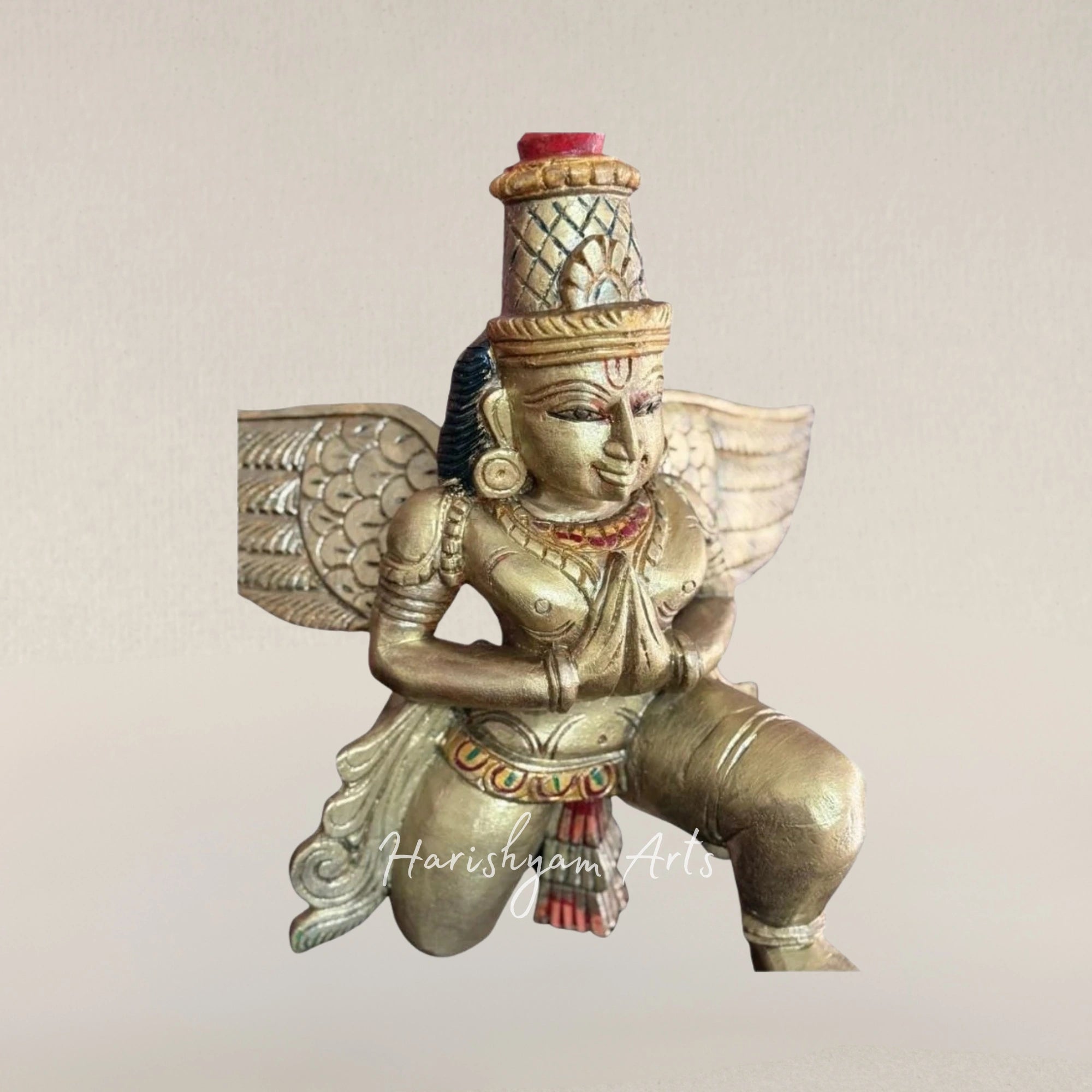 14" Garuda Wooden Statue with Antique Gold Inspired Finish Classic Sacred Sculpture