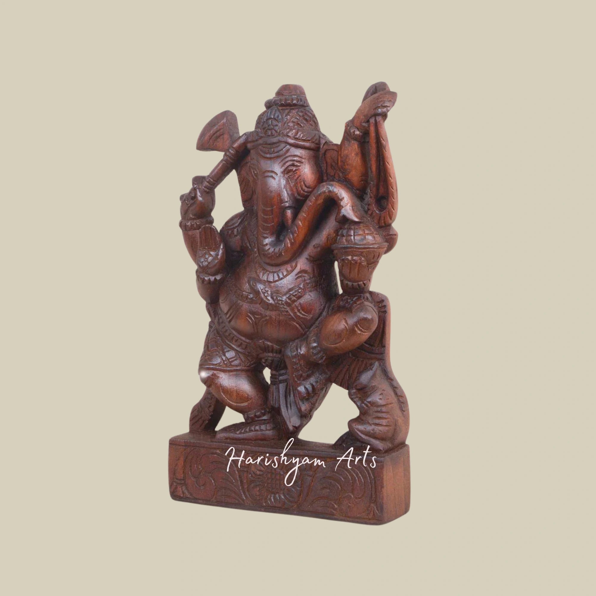 14" Handcrafted Wooden Ganesha Statue Holding Axe, Ankusha, and Ladoo