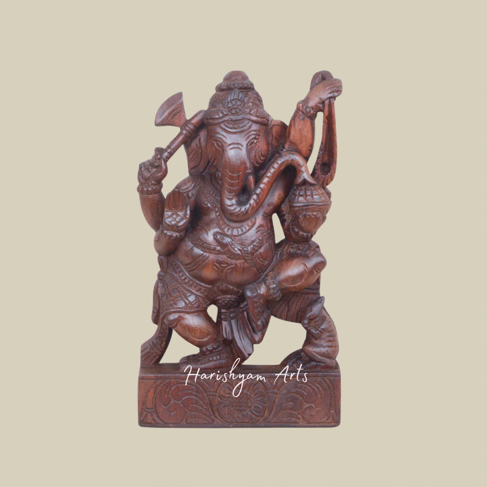 14" Handcrafted Wooden Ganesha Statue Holding Axe, Ankusha, and Ladoo1