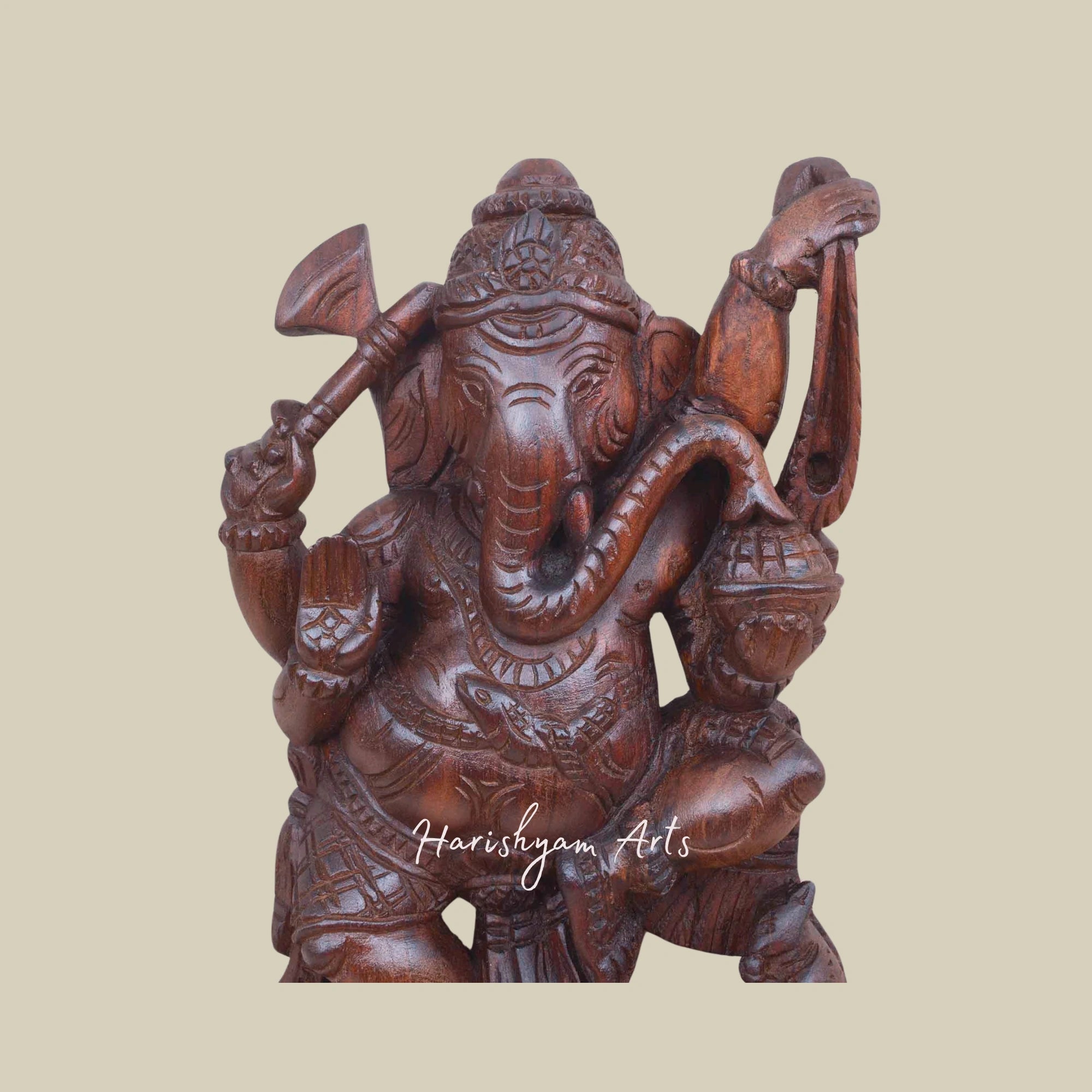 14" Handcrafted Wooden Ganesha Statue Holding Axe, Ankusha, and Ladoo2