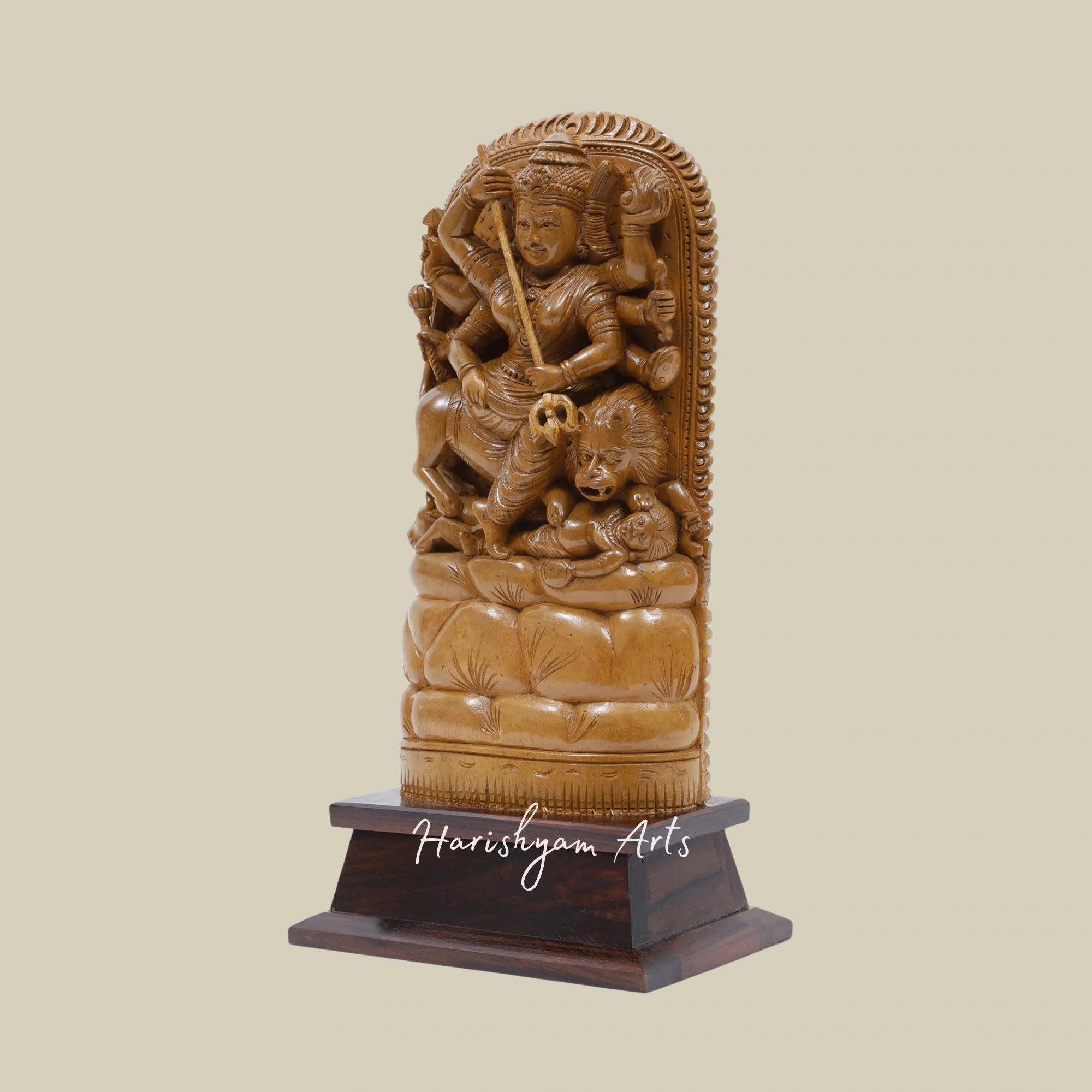 14" Mahishasuramardini Goddess Durga Detailed Wood Carved Statue for Home Decor3